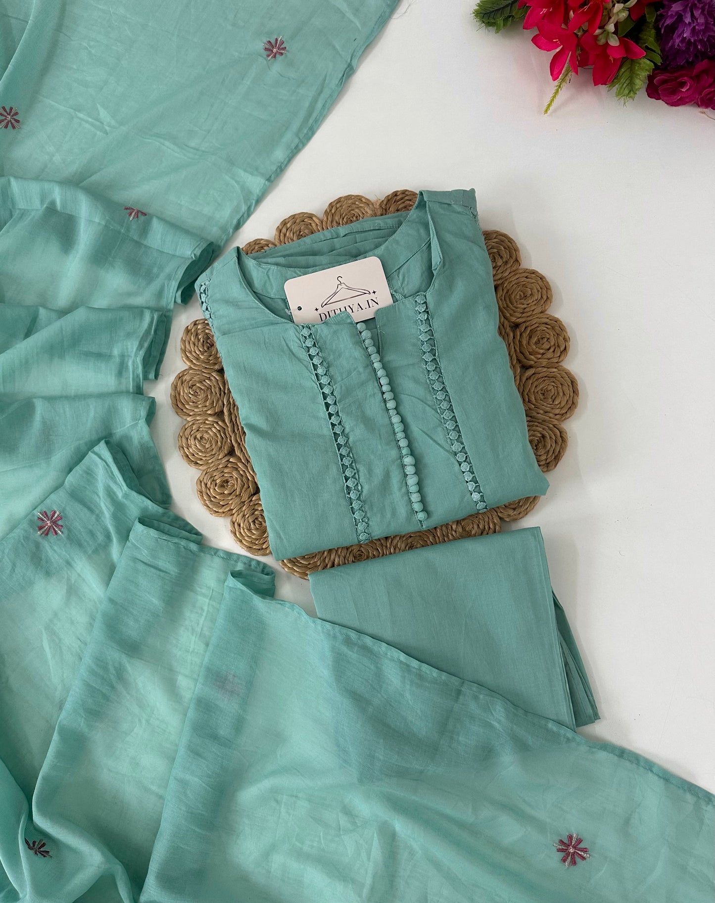 K223 - Mul cotton embroidered Aline Kurti with pants and dupatta