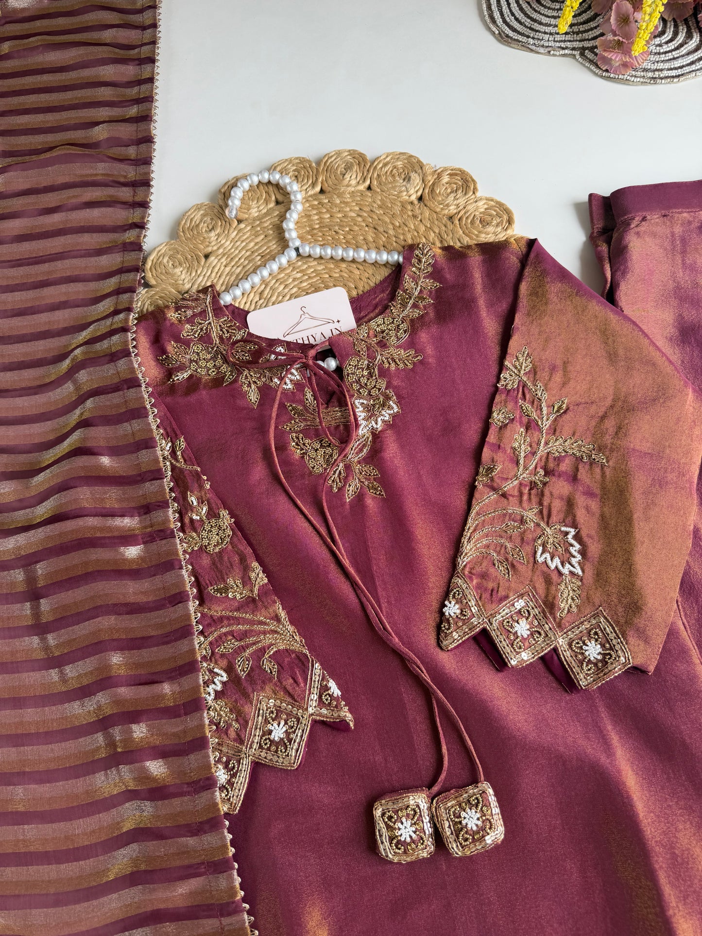 K357 - Shimmer tissue silk handwork short Kurti with divider pants and dupatta