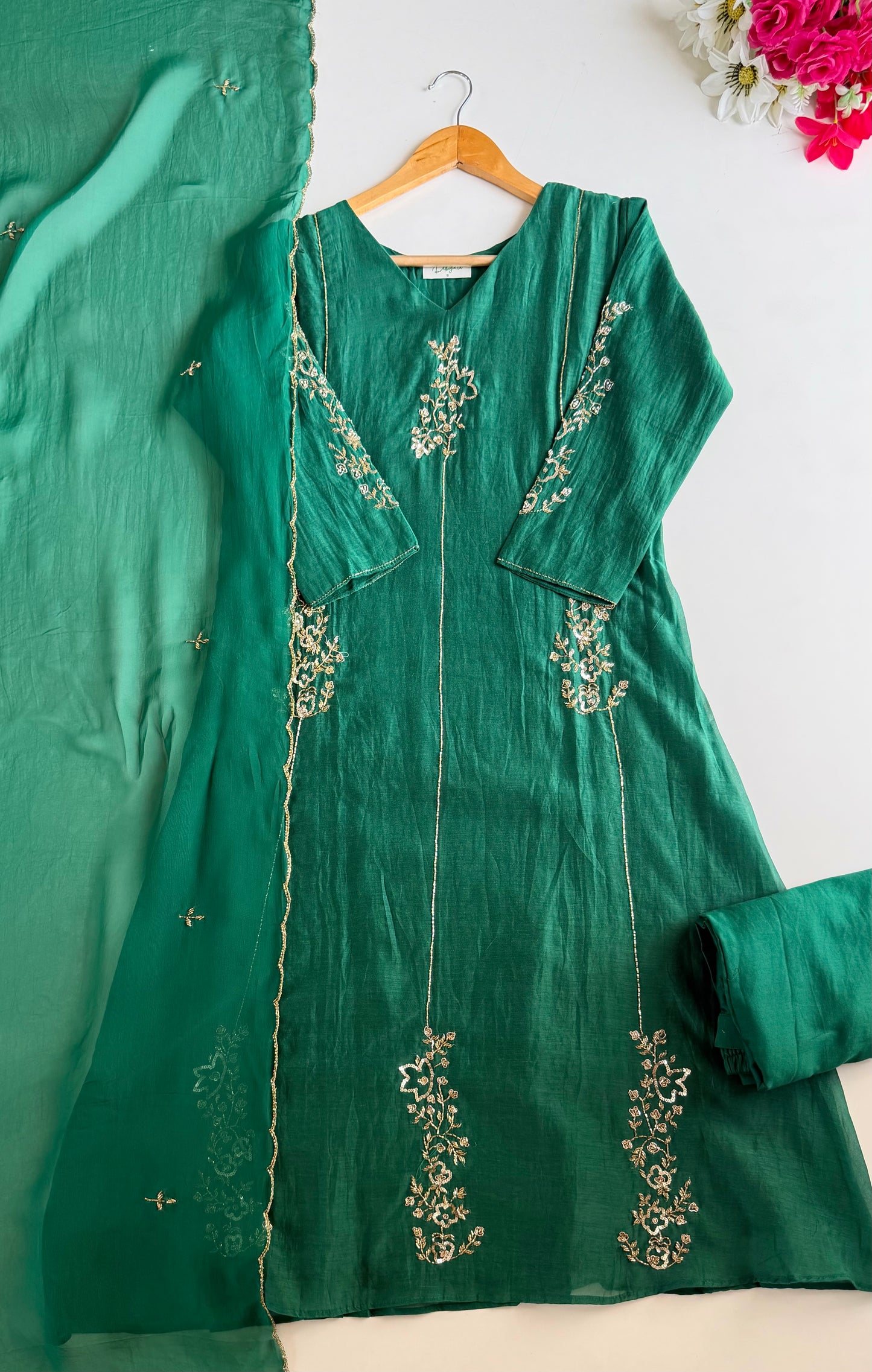 K714 - Mul chanderi handwork Aline Kurti with pants and dupatta