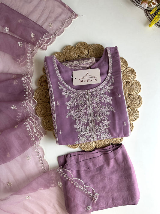 K492 - Organza embroidered straight Kurti with pants and dupatta