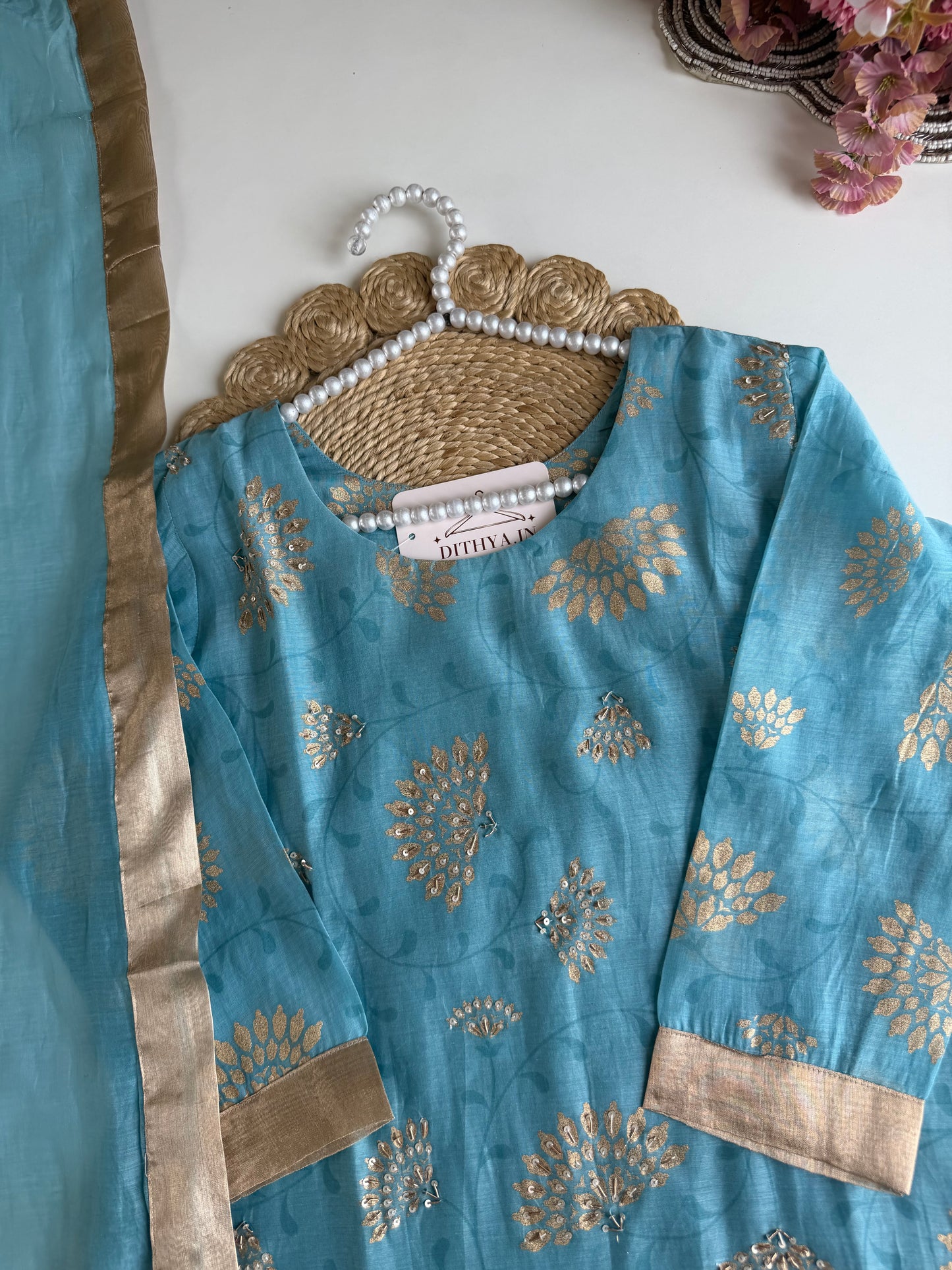 K502 - Mul chanderi handwork aline Kurti with pants and dupatta