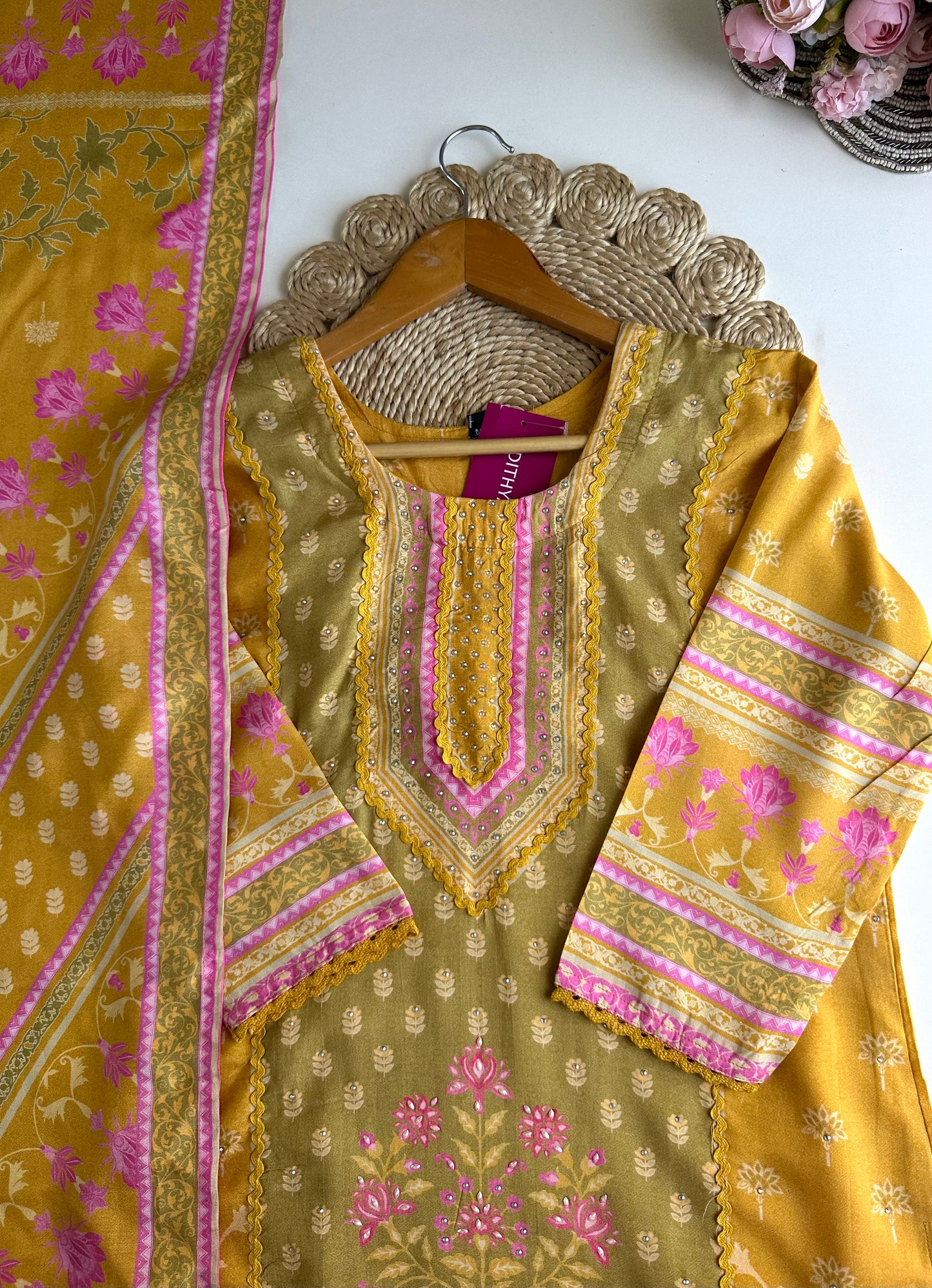 K382 - Muslin printed straight Kurti with pants and dupatta