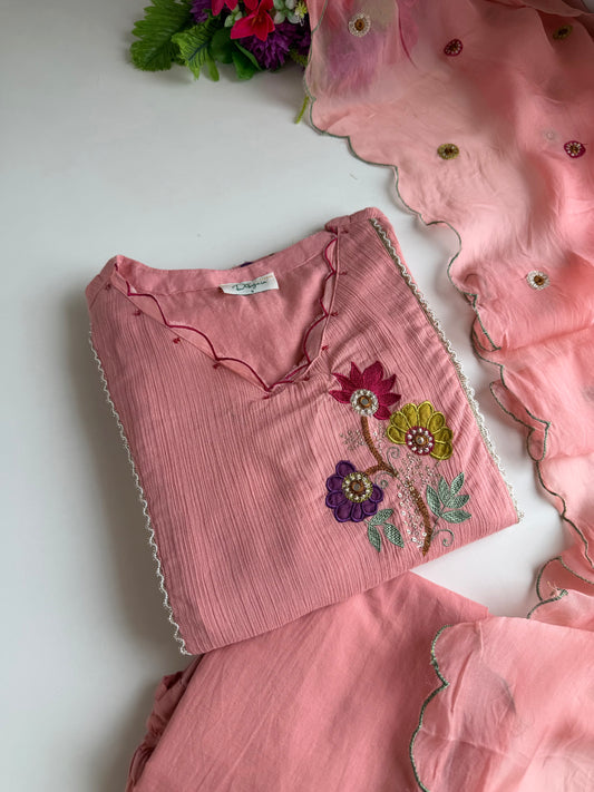 K539 - Crushed mul Chanderi embroidered Aline Kurti with pants and dupatta