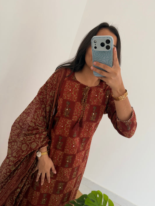 K189 - Mul cotton embroidered straight Kurti with pants and dupatta