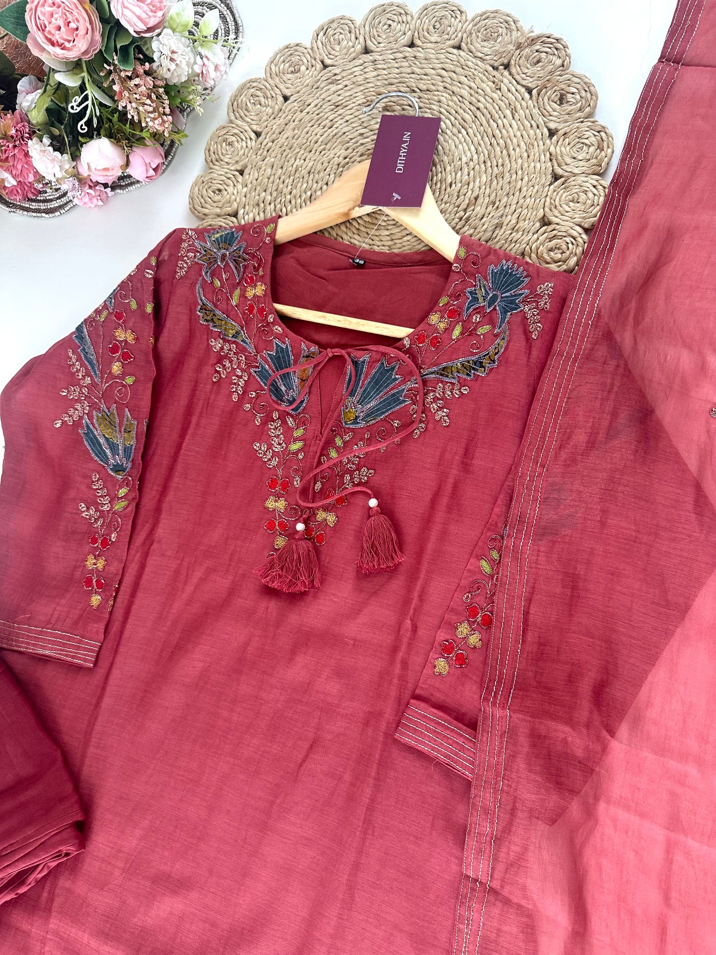 K265 - Mul Chanderi Zari work Aline Kurti with pants and dupatta .