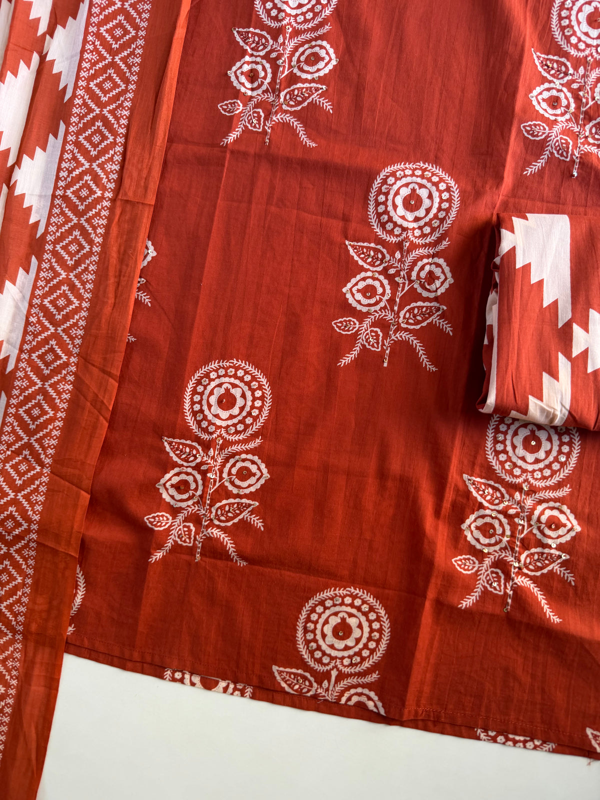 K056 - Mul cotton embroidered straight Kurti with pants and dupatta