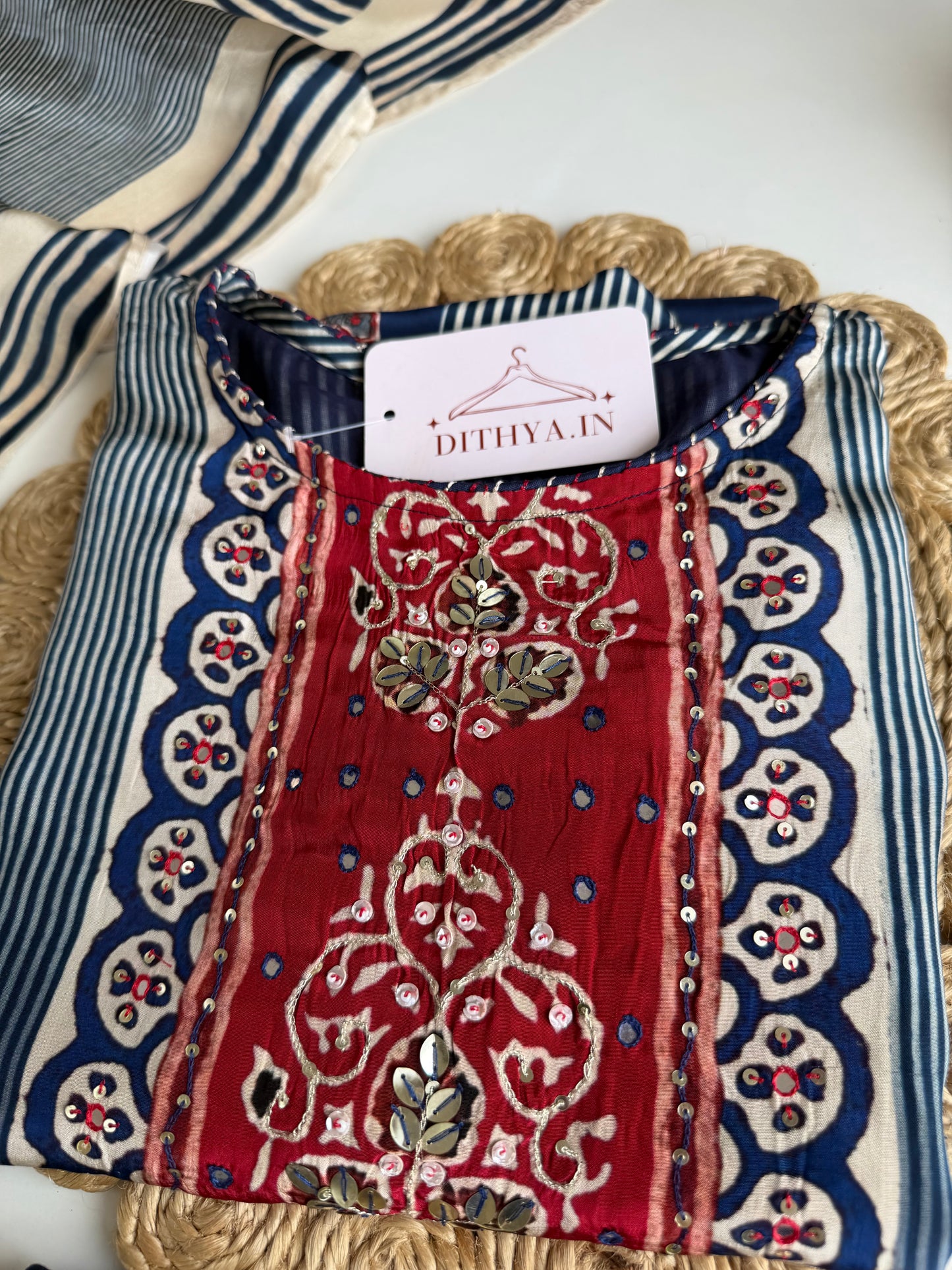 K510 - Pure crape handwork straight Kurti with pants and dupatta