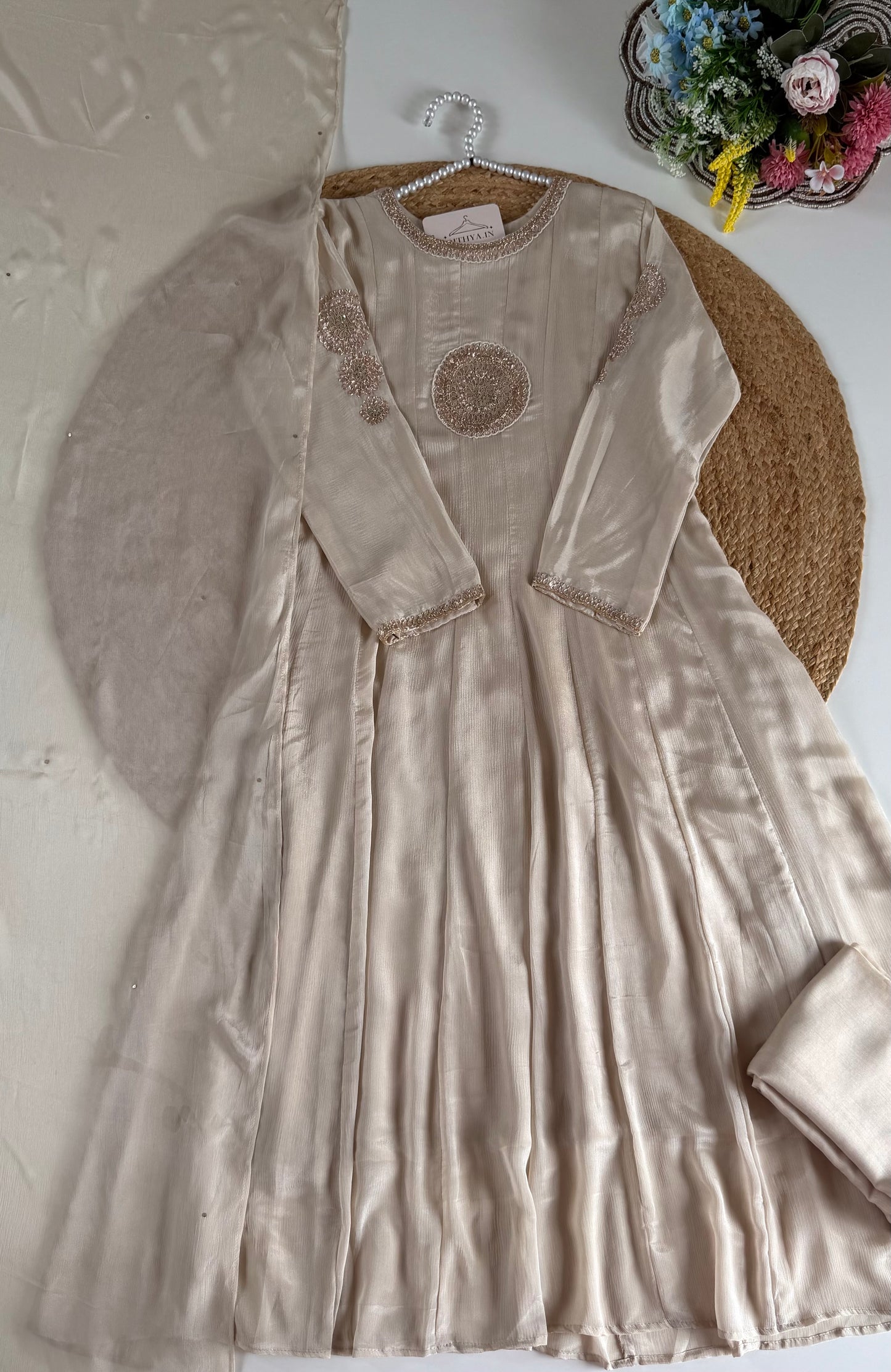 K557 - Chinnon Gota work Anarkali with pants and dupatta