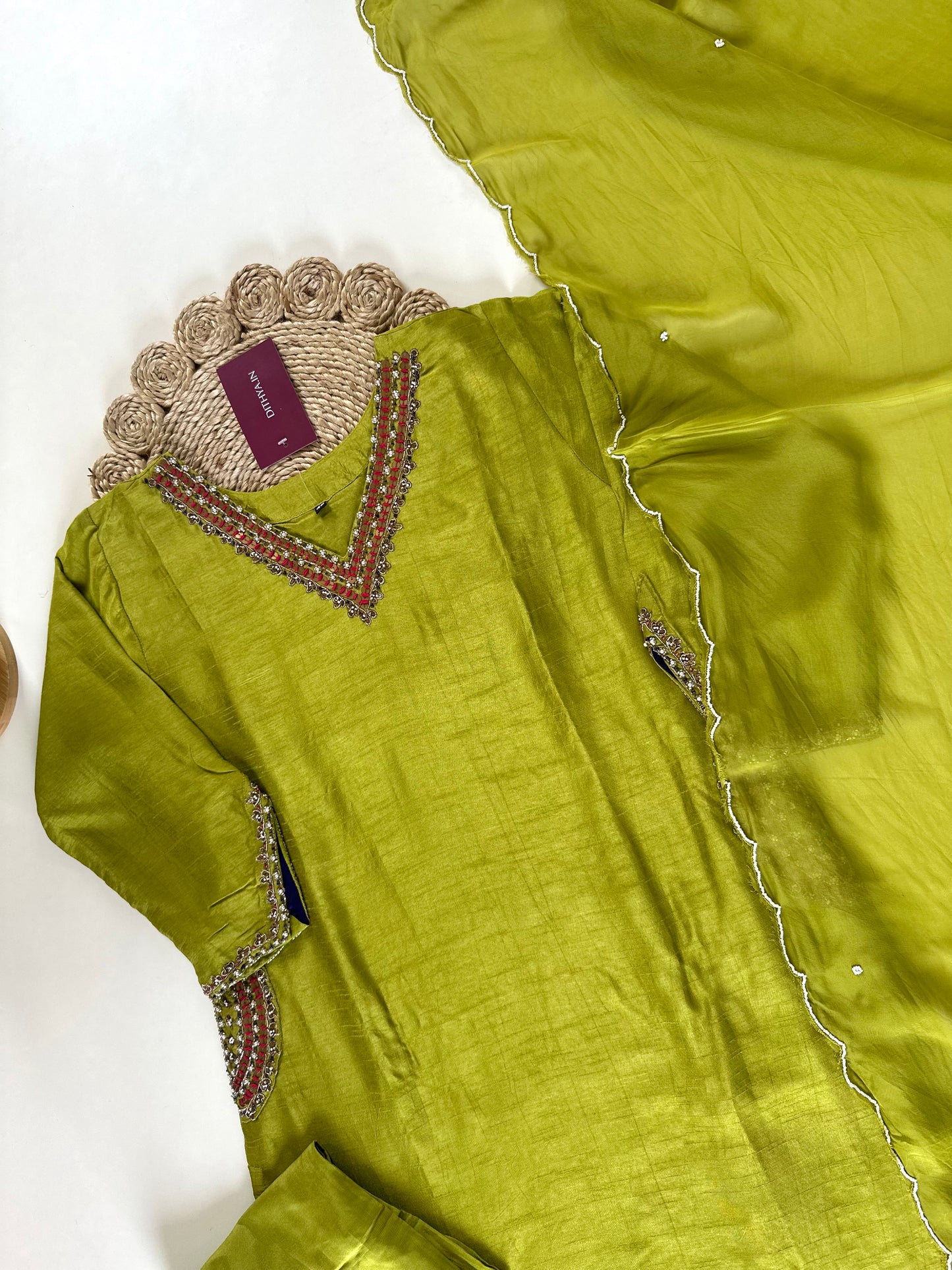 K133 - Russian silk handwork straight kurti with pants and dupatta in 2 colours .