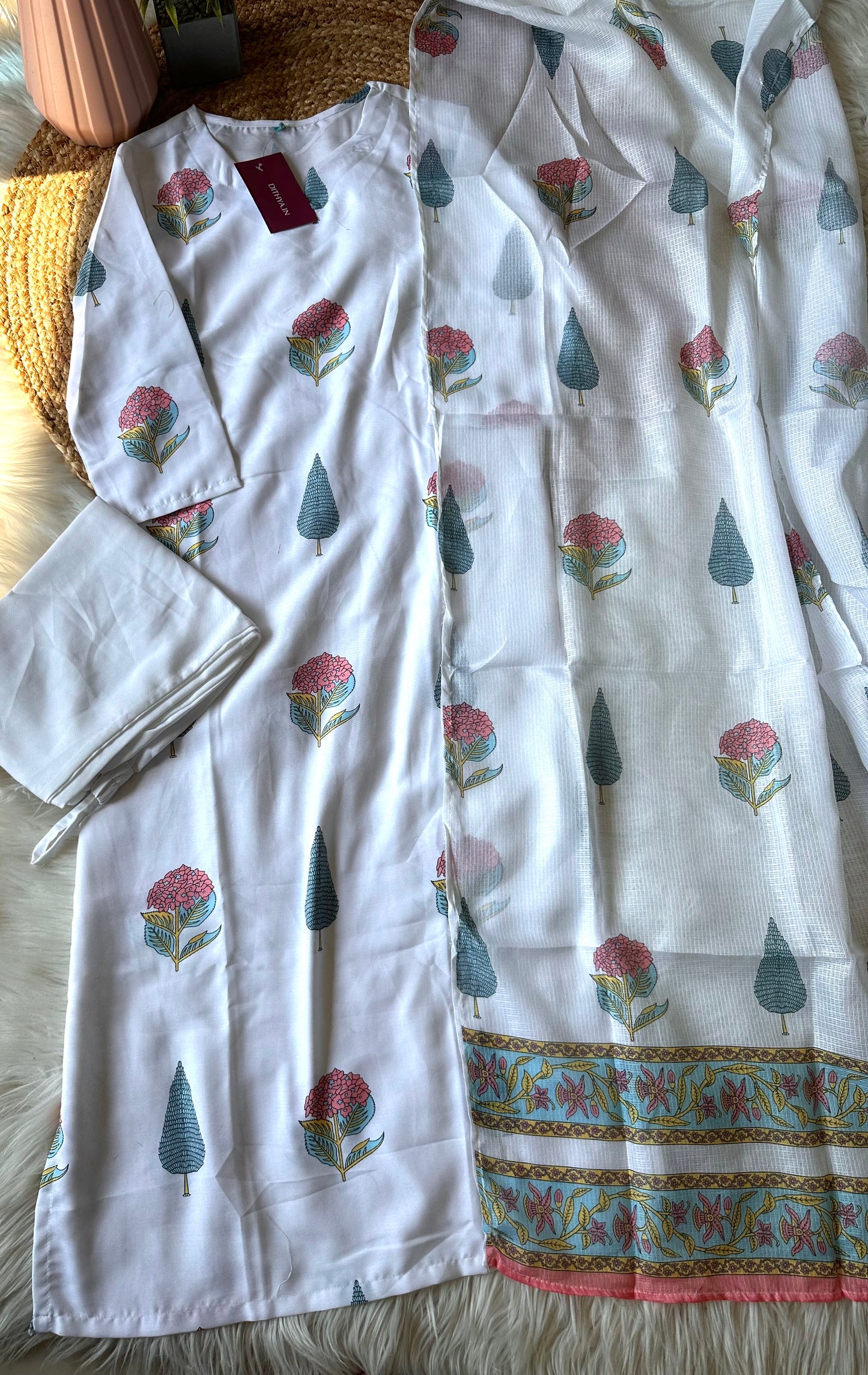 K225 - Cotton printed straight Kurti with pants and dupatta