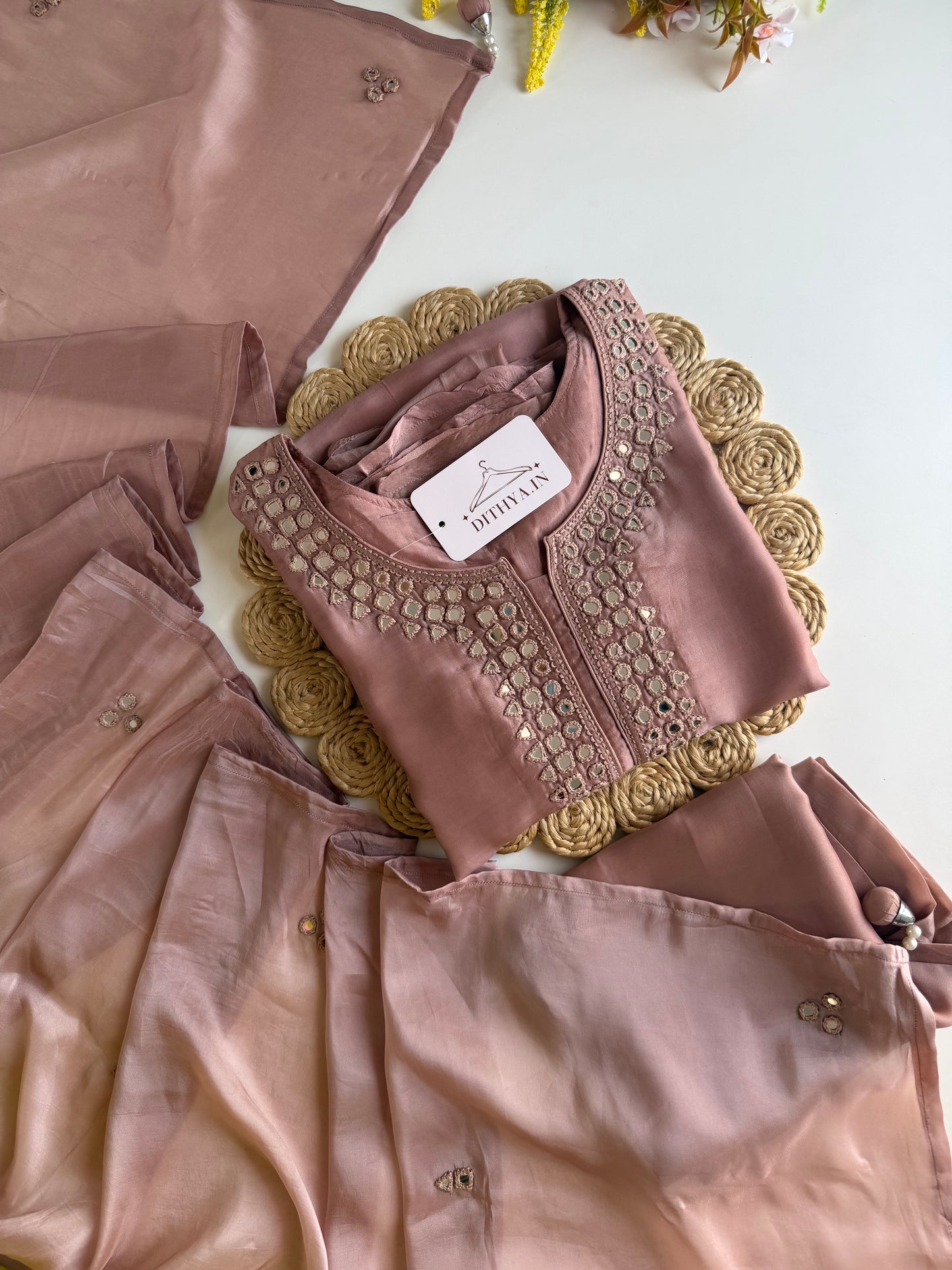 K424 - Pure HO silk mirror work aline Kurti with pants and dupatta