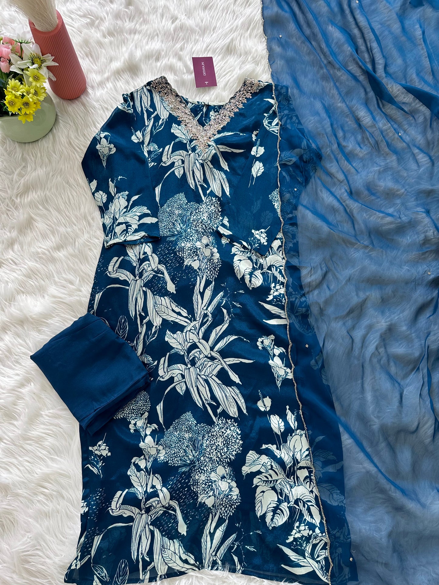 K431 - Chinnon floral straight Kurti with pants and dupatta in 2 colours