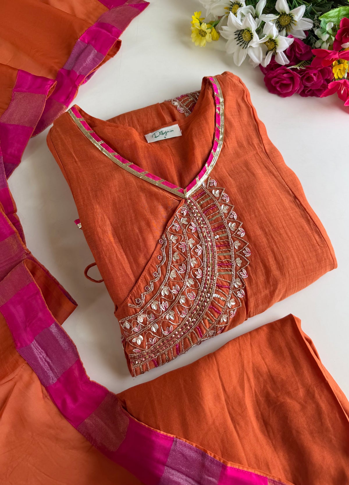 K111 - Banarasi mul chanderi handwork angrakha Anarkali with pants and dupatta