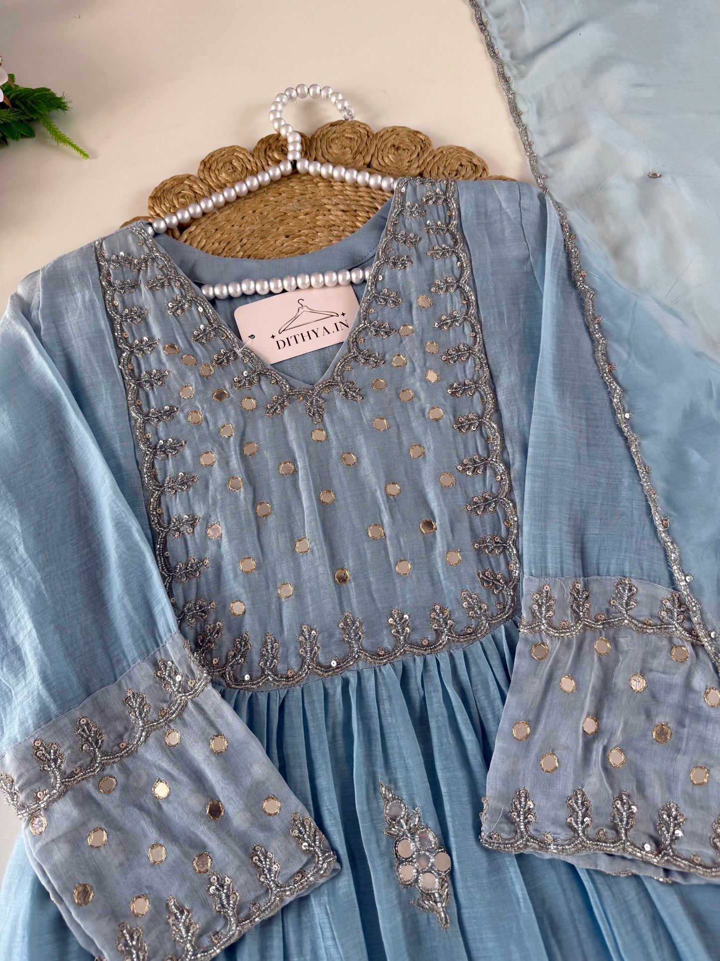 K642 - Mul chanderi mirror work Anarkali with pants and dupatta