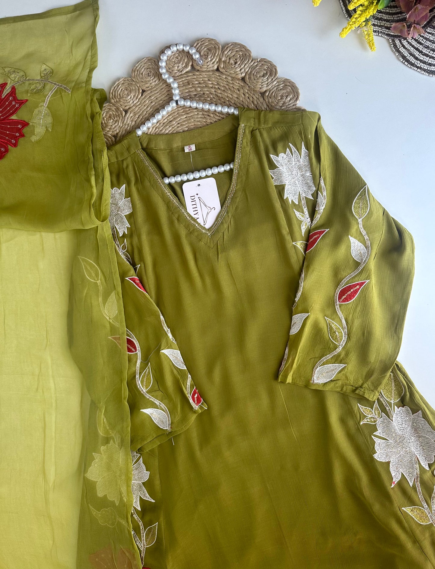 K468 - Crushed Mul Chanderi Appliqué work Anarkali with pants and dupatta in 2 colours