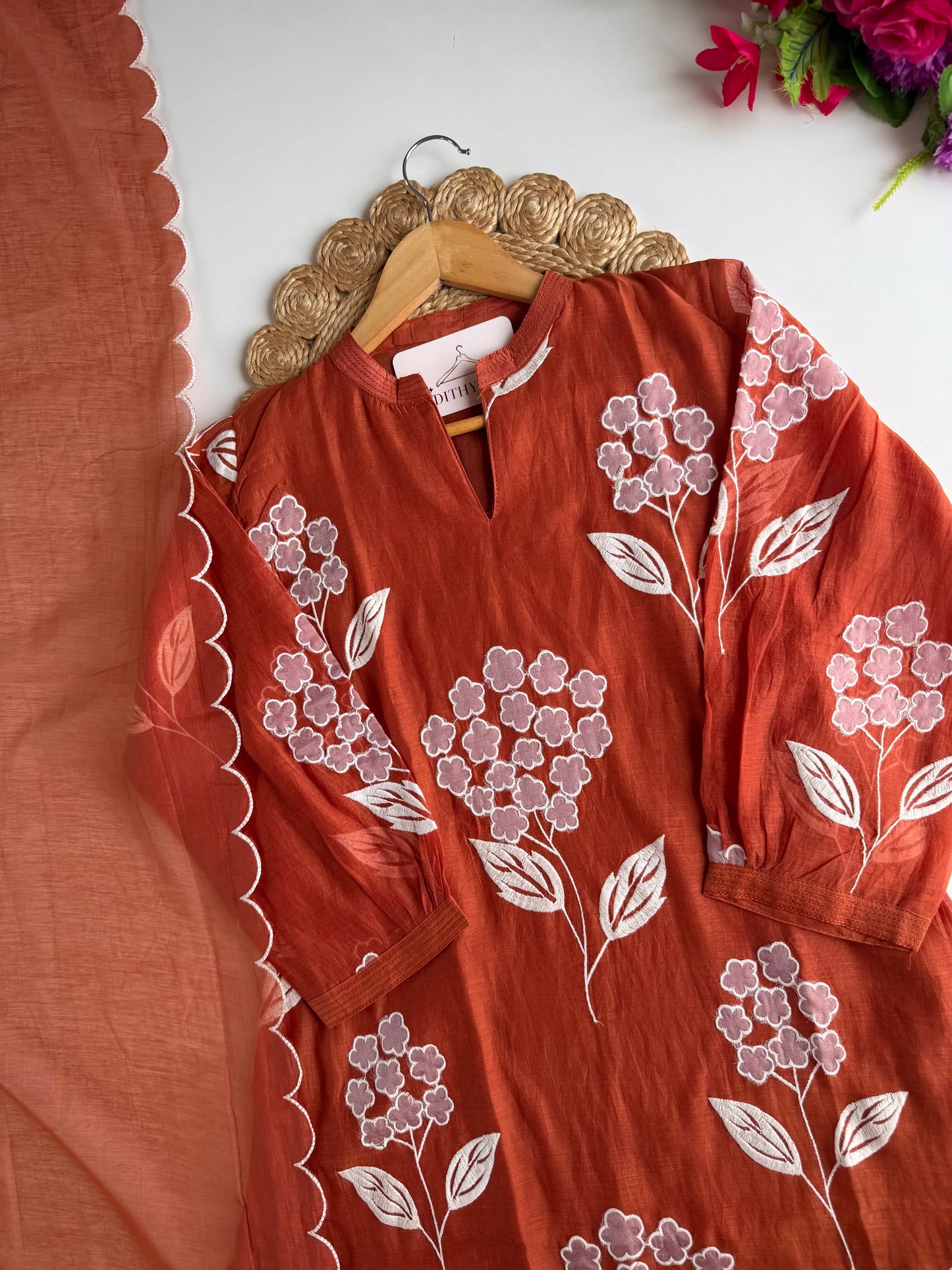 K537 - Mul chanderi appliqué work aline Kurti with pants and dupatta in 2 colours