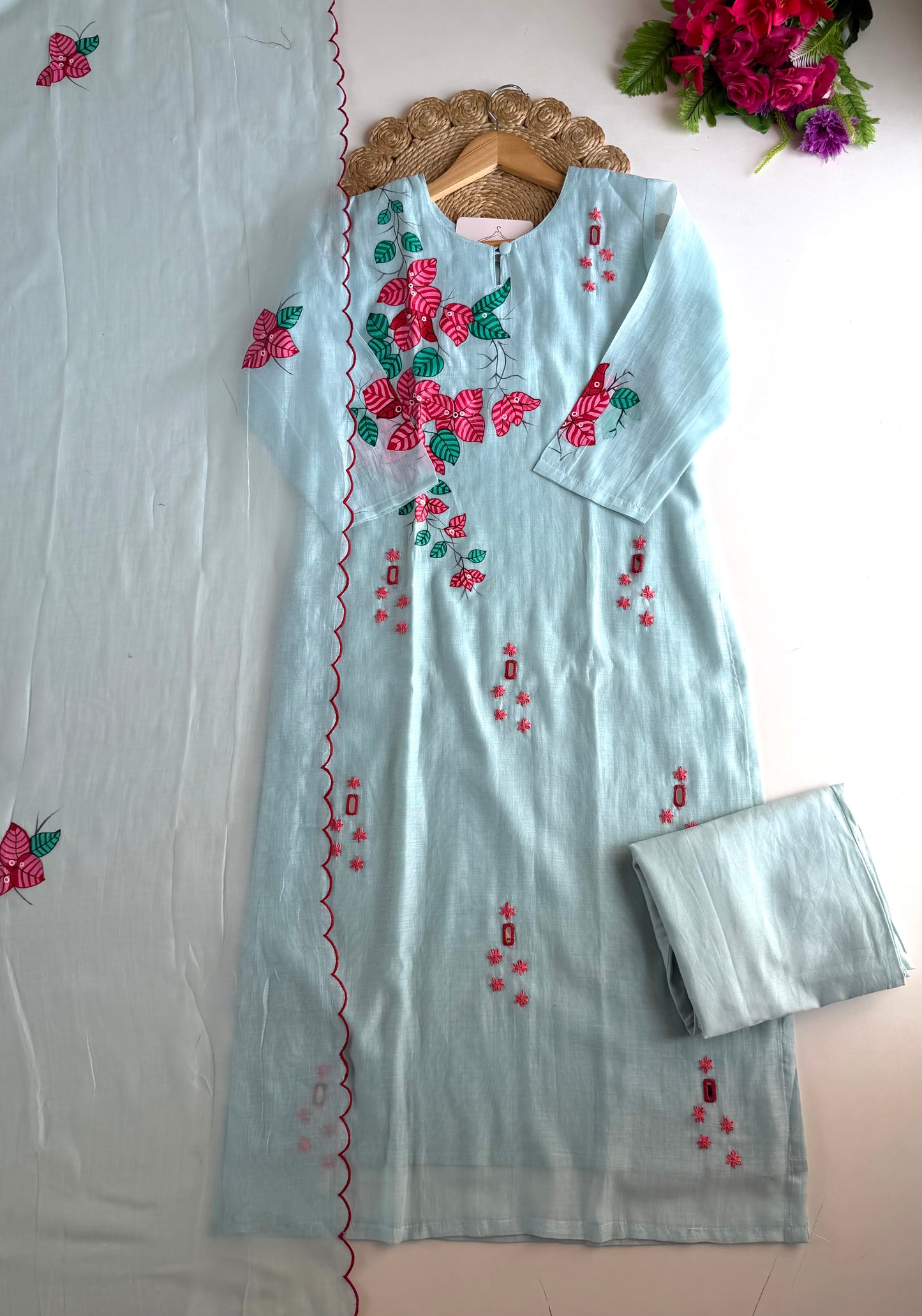 K611 - Mul chanderi hand painted & embroidered straight Kurti with pants and dupatta