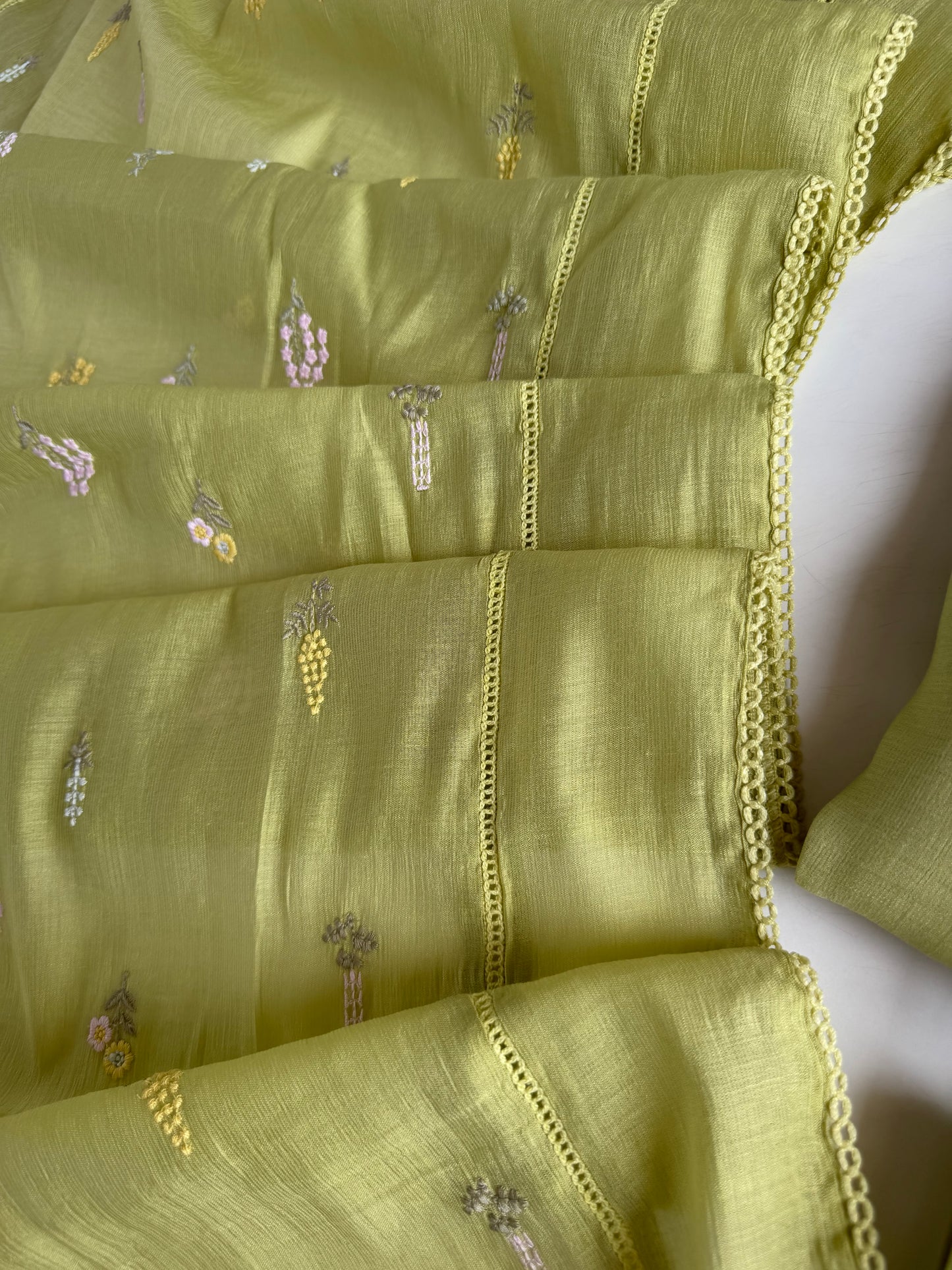K736 - Surat Mul chanderi paisley embroidered Aline Kurti with pants and dupatta in 2 colours
