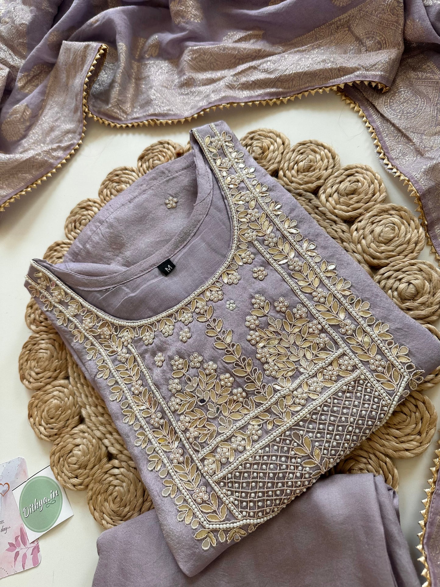 K274 - Gota handwork tissue straight kurti with straight pants and jacquard silk dupatta.