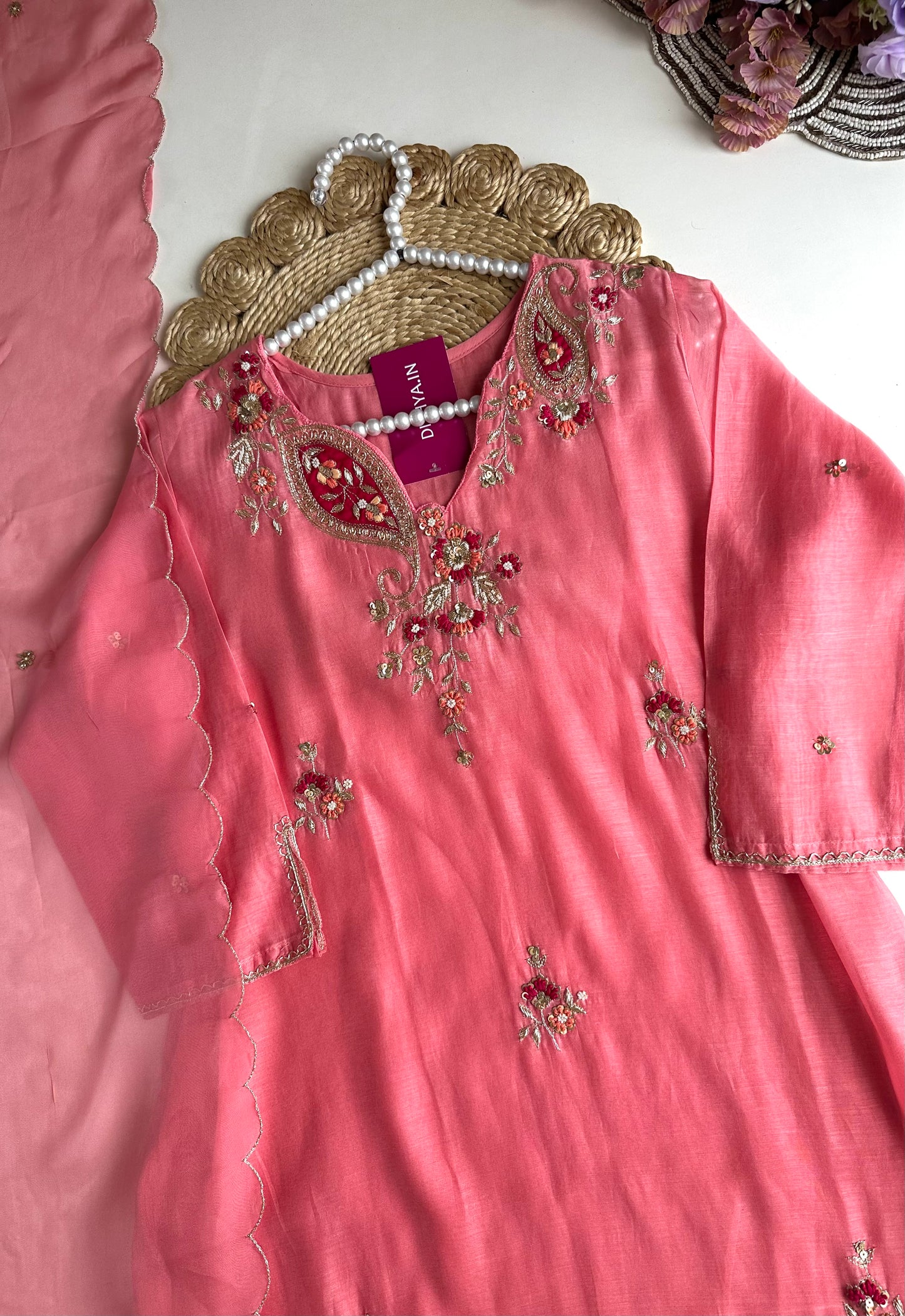 K005 - Mul Chanderi Handwork Aline Kurti with pants and dupatta in 2 colours