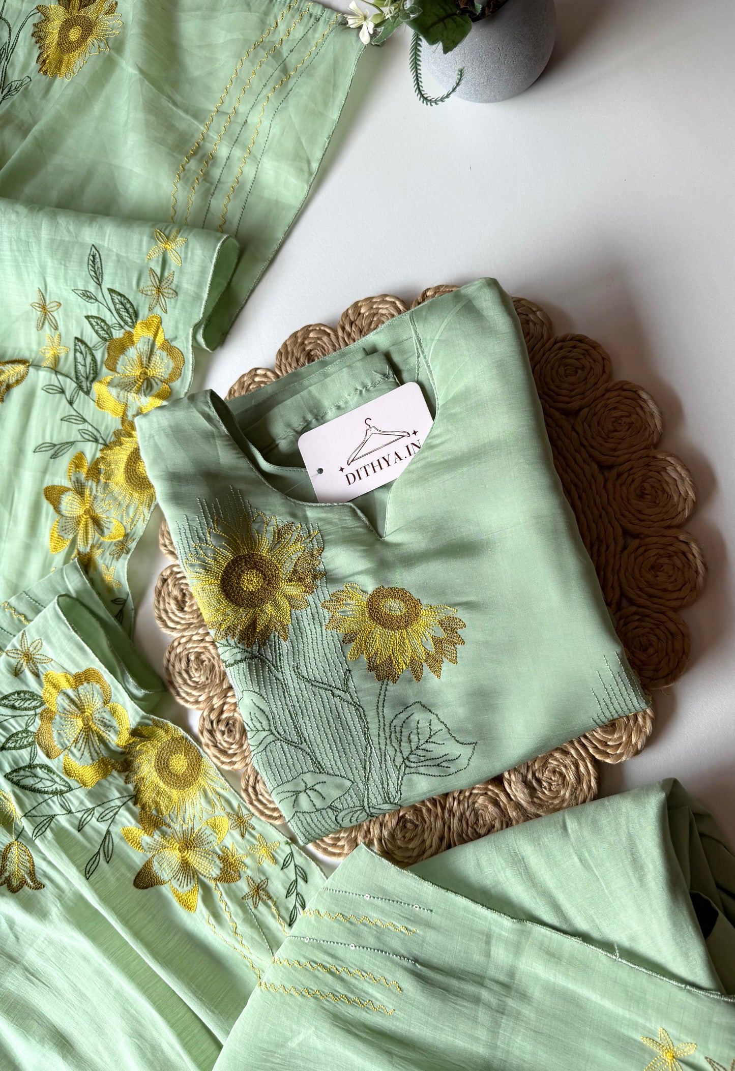 K702 - Surat Mul chanderi embroidered straight Kurti with pants and dupatta in 2 colours