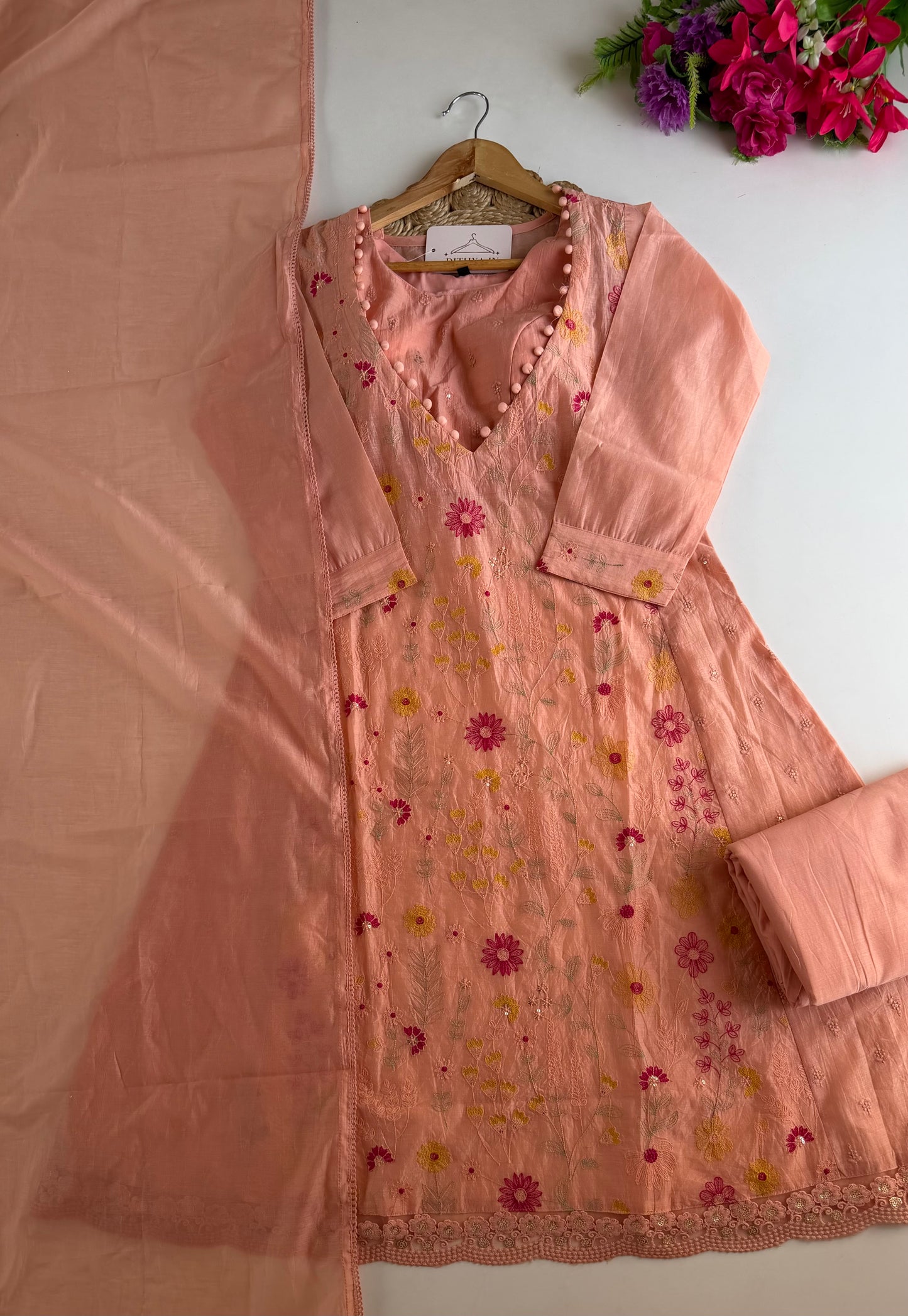 K293 - Mul chanderi embroidered padded inner Aline Kurti with pants and dupatta