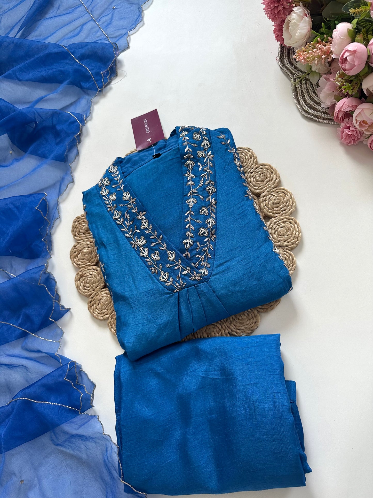 K200 - Russian silk handwork Anarkali with pants and dupatta .