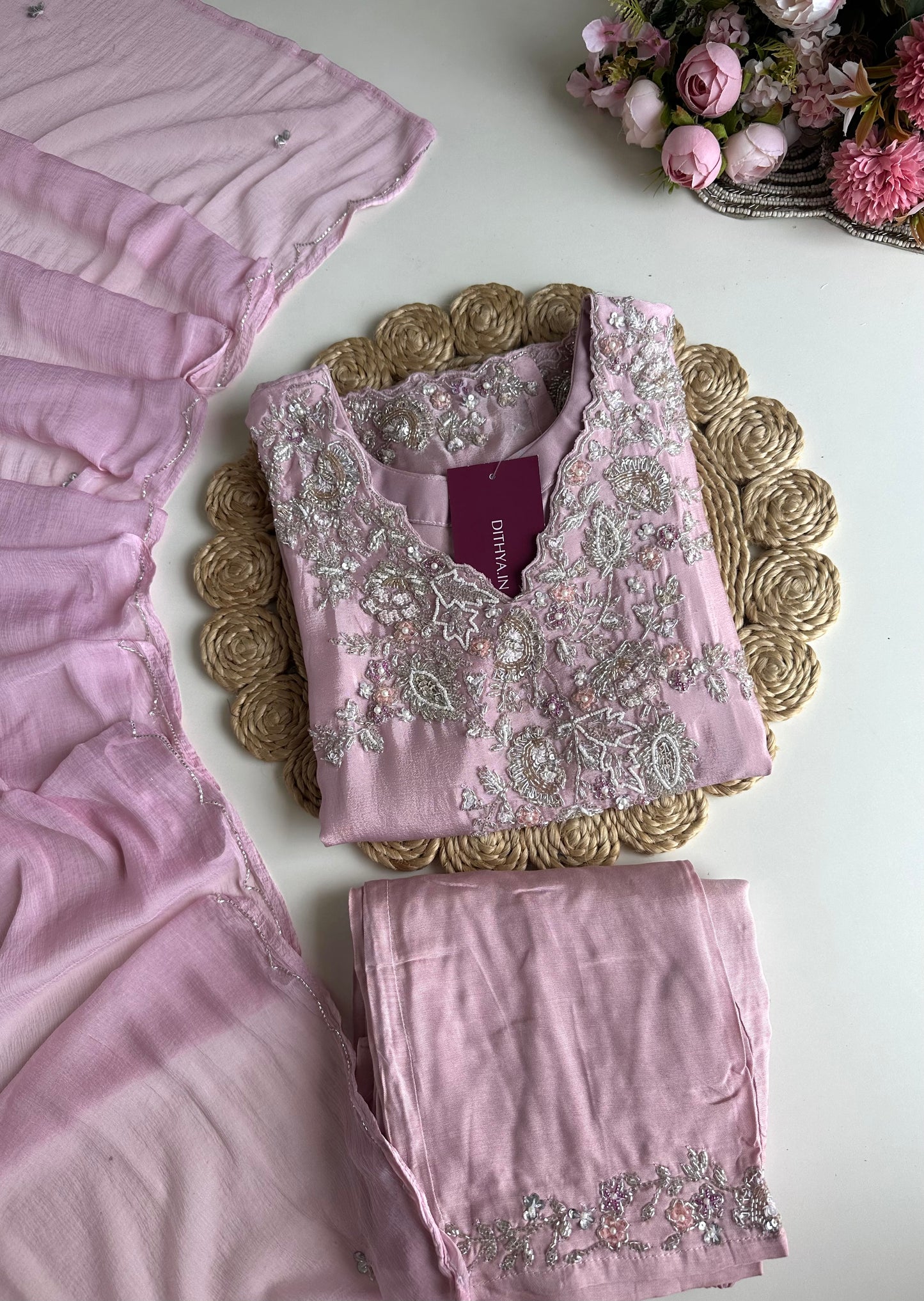 K346 - Chinnon heavy handwork Kurti with palazzo and dupatta