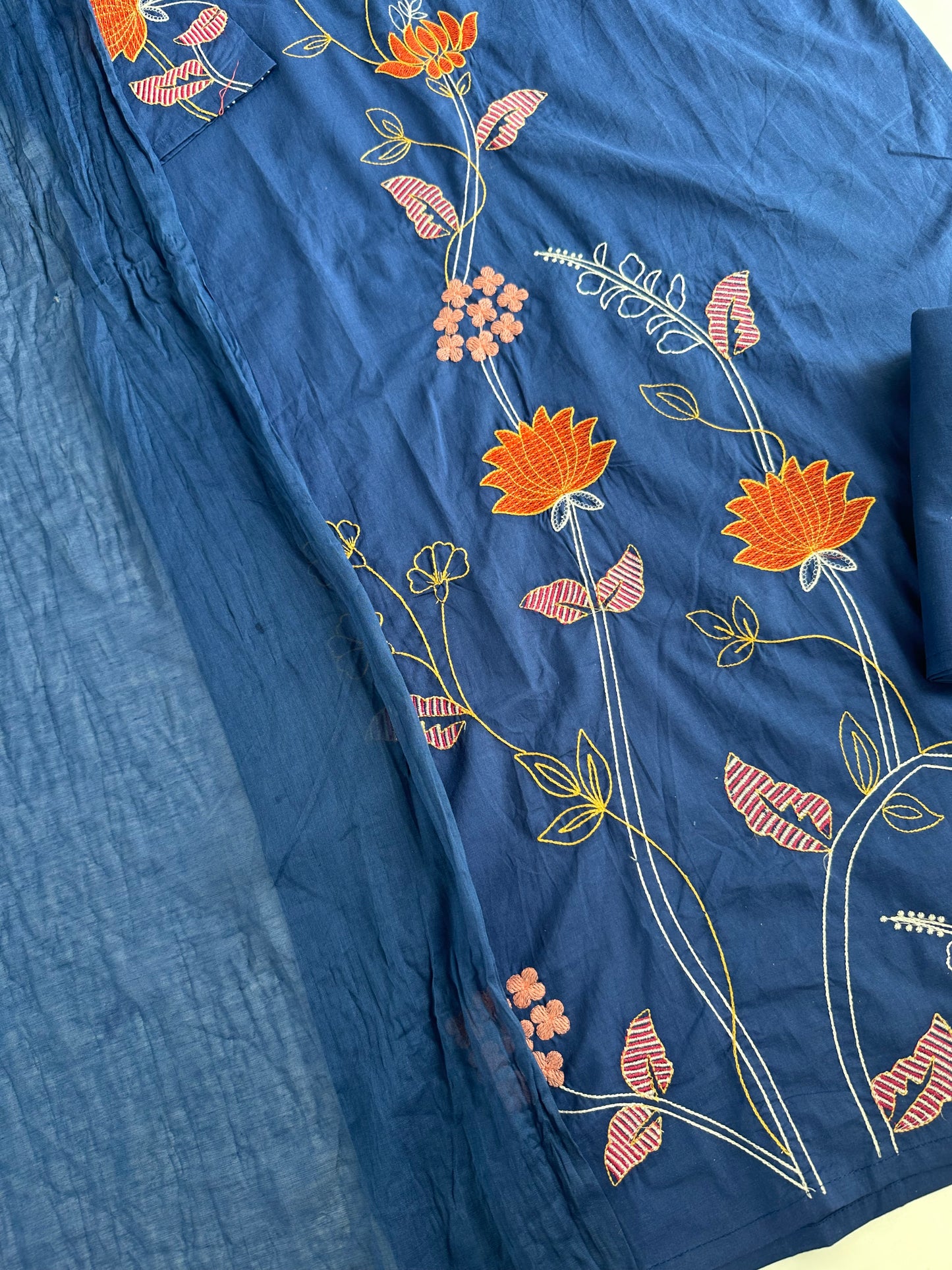 K592 - Cotton embroidered straight Kurti with pants and dupatta in 2 colours