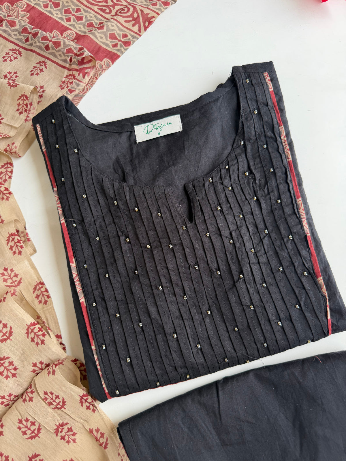 K109 - Mul cotton pintex embroidered straight Kurti with pants and dupatta