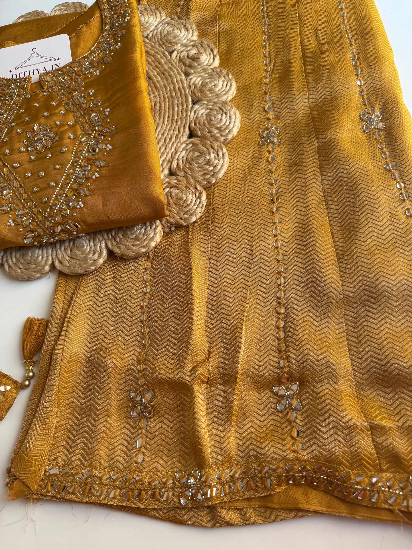 K553 - Tissue silk handwork short Kurti with divider pants and dupatta