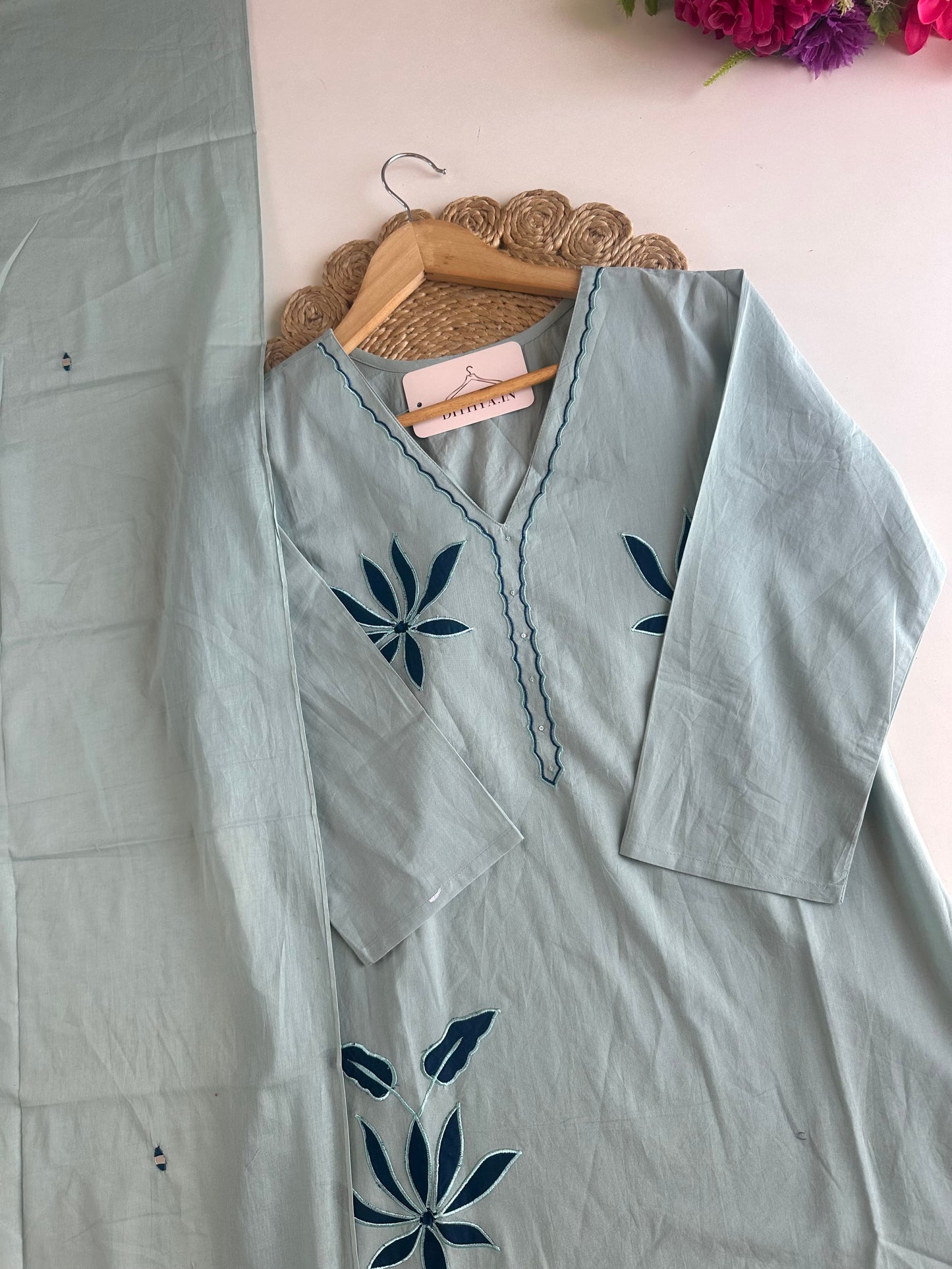 K224 - Mul cotton embroidered straight Kurti with pants and dupatta