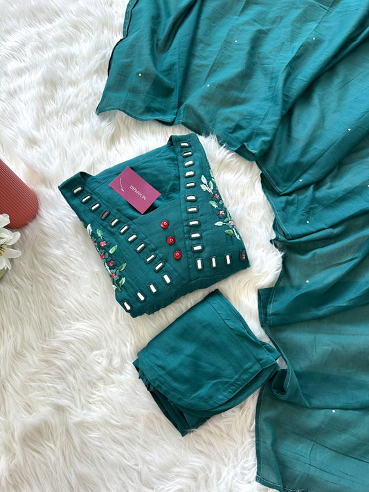 K244 - Mul Chanderi mirror embroidered Aline Kurti with pants and dupatta
