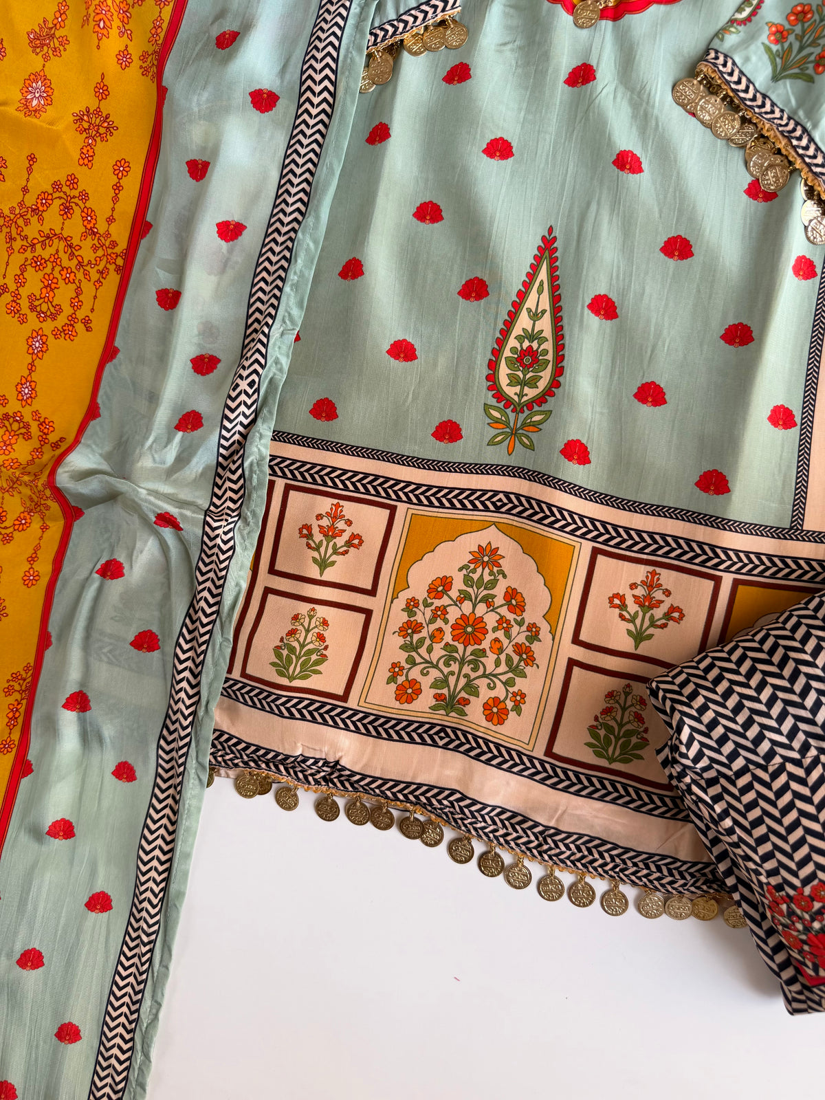K635 - Pure crape printed coin work farshi salwar with pants and dupatta