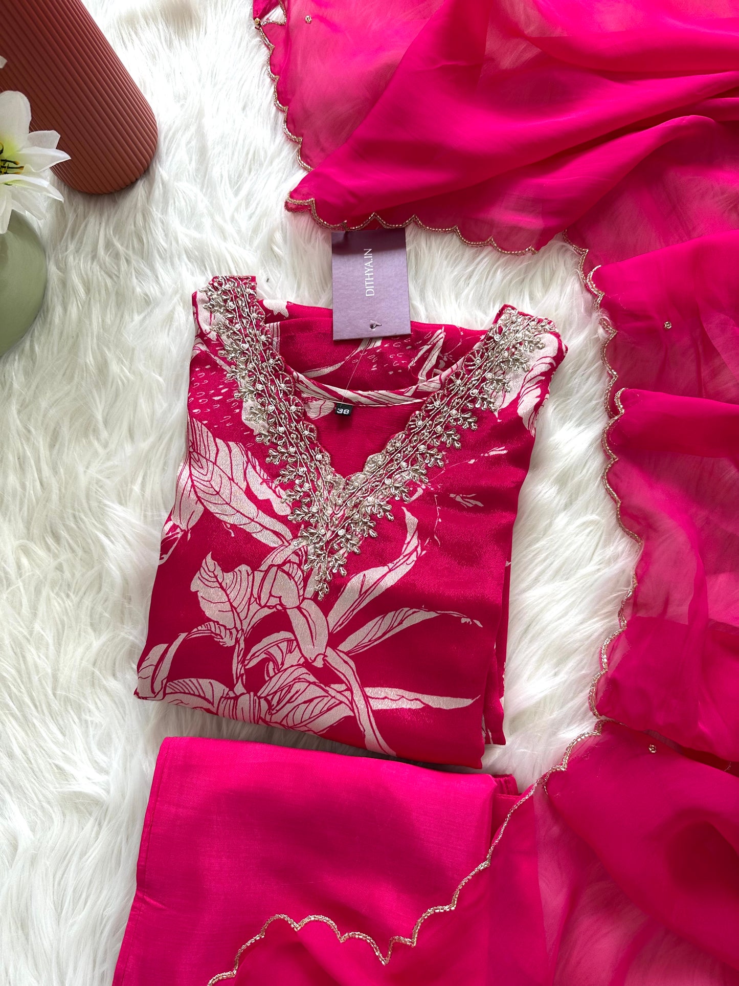 K431 - Chinnon floral straight Kurti with pants and dupatta in 2 colours
