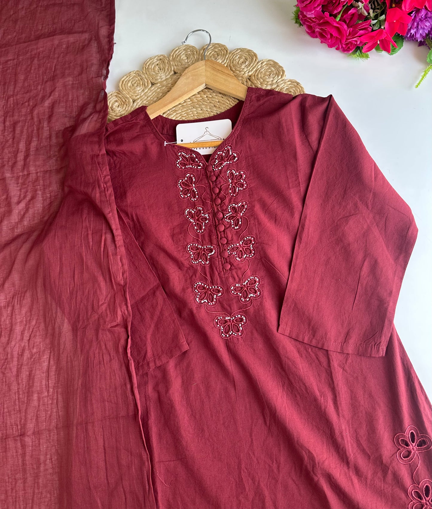 K728 - Mul cotton cut work straight Kurti with pants and dupatta
