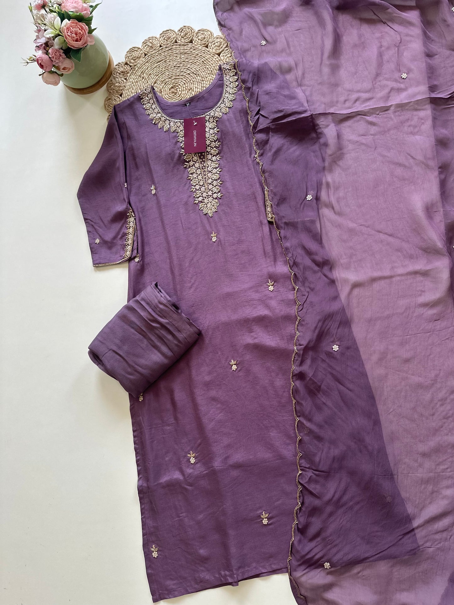 K265 - Russian silk handwork Straight kurti with straight pants and Banarasi silk dupatta .