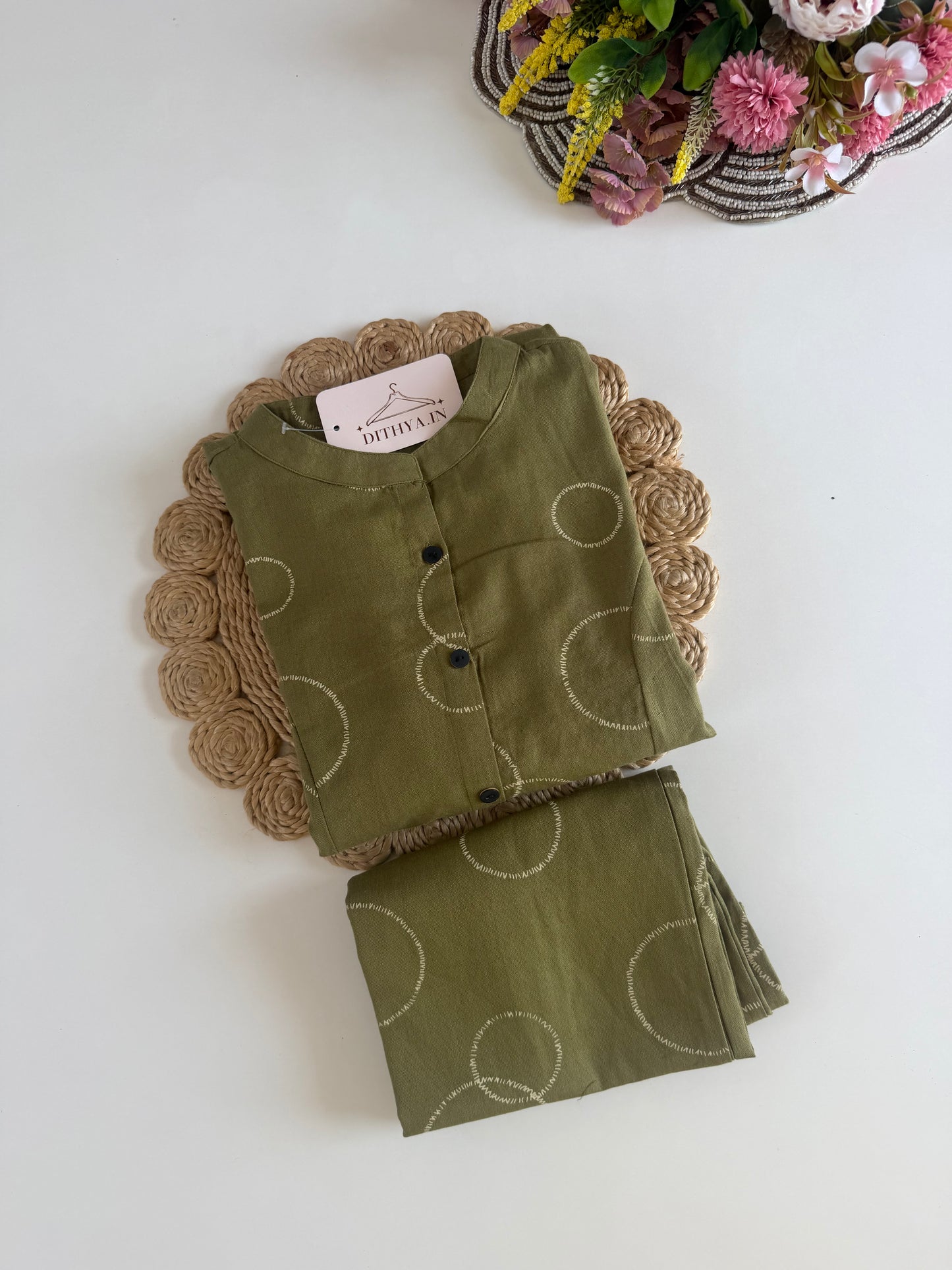 K427 - Linen cotton printed Aline Kurti with pants