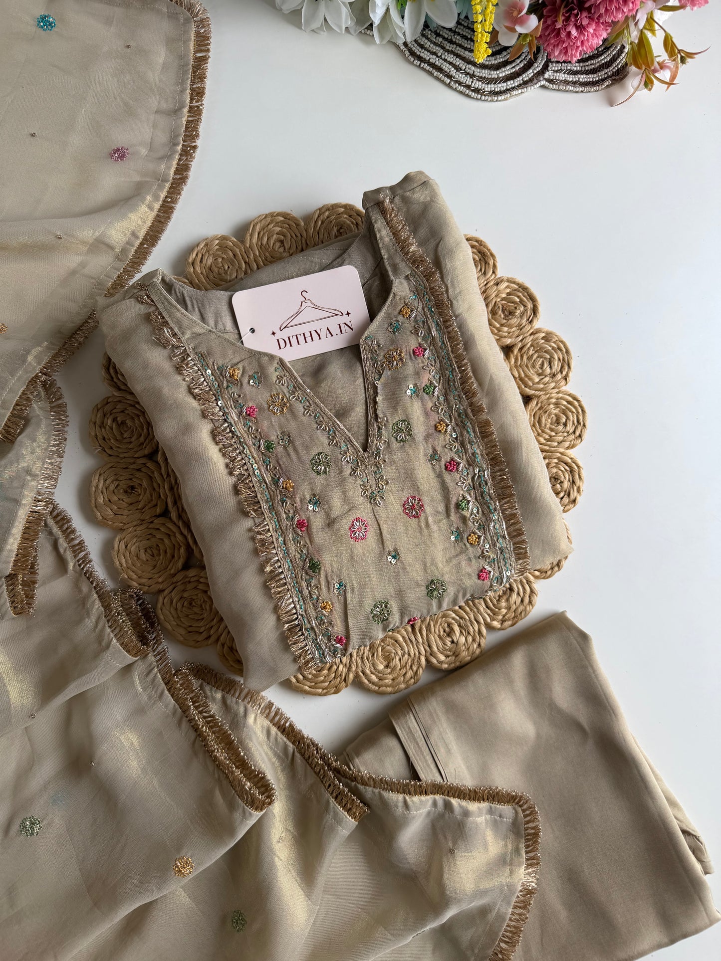 K607 - Tissue silk handwork aline Kurti with pants and dupatta