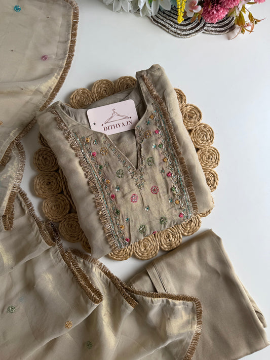K607 - Tissue silk handwork aline Kurti with pants and dupatta