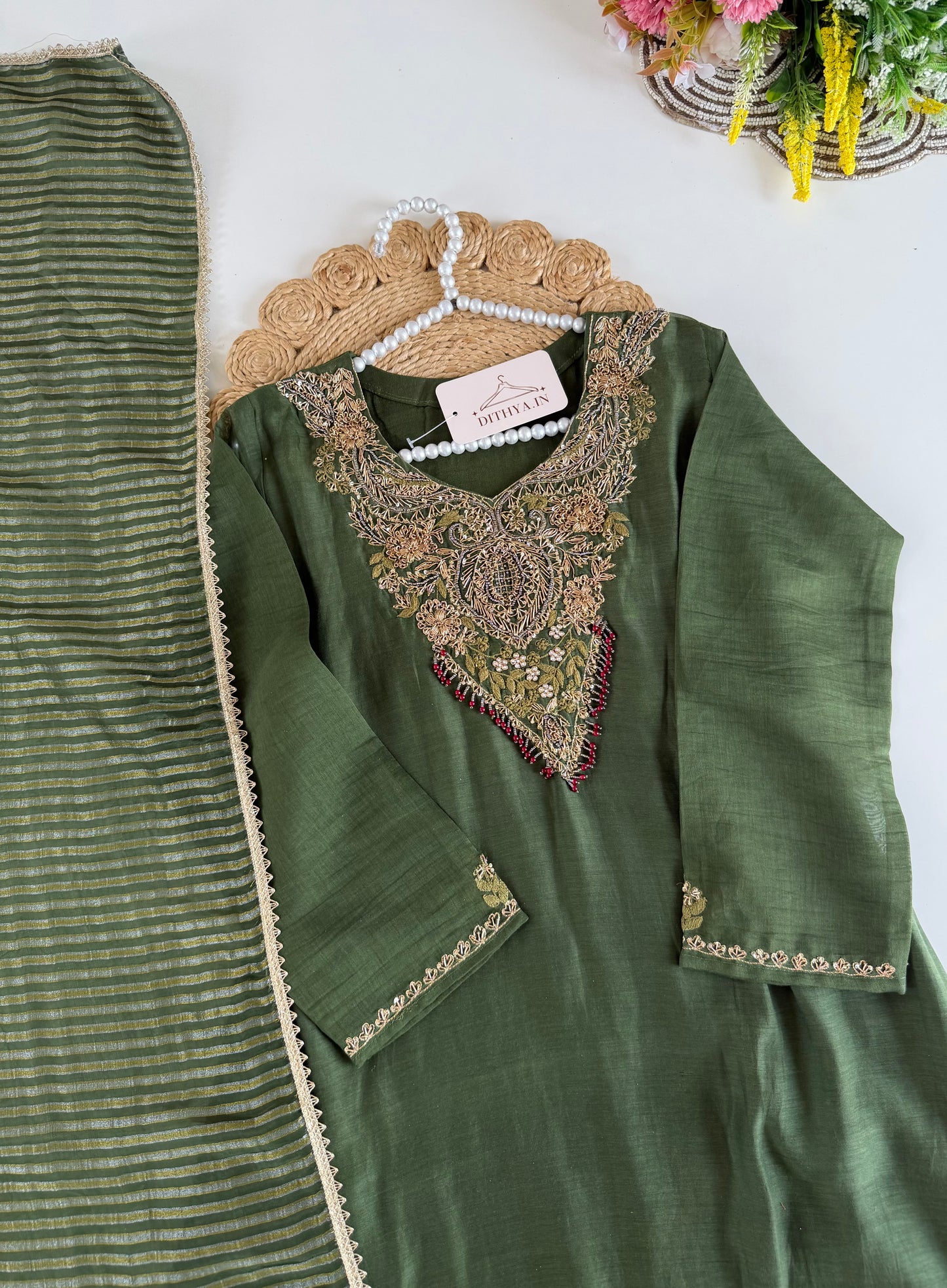 K374 - Mul chanderi handwork aline Kurti with pants and dupatta