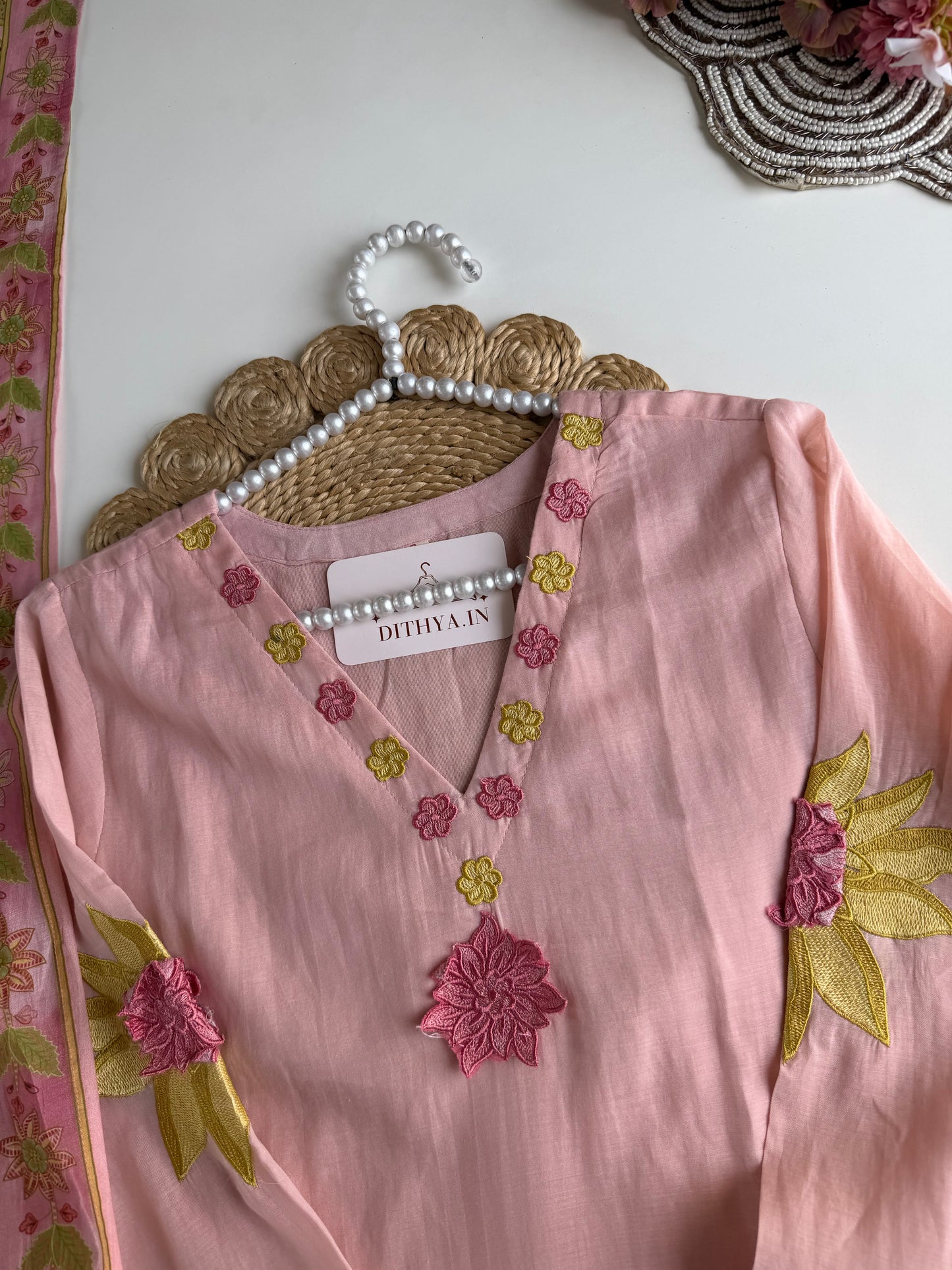 K227 - Mul cotton embroidered Aline Kurti with pants and dupatta