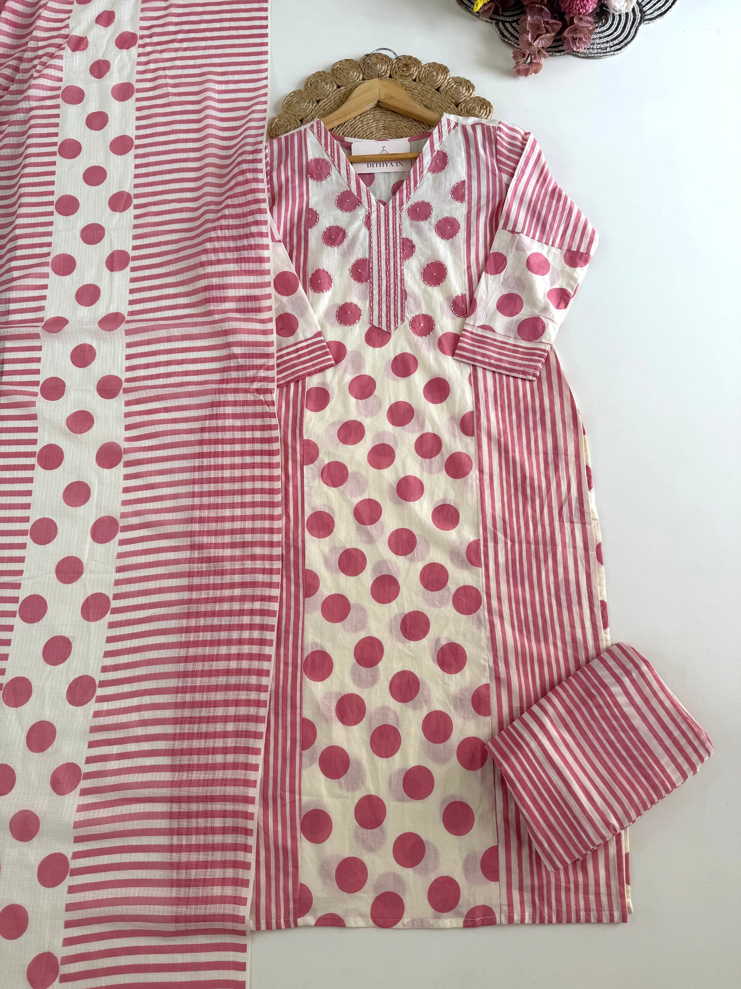 K159 - Mul cotton embroidered straight Kurti with pants and dupatta