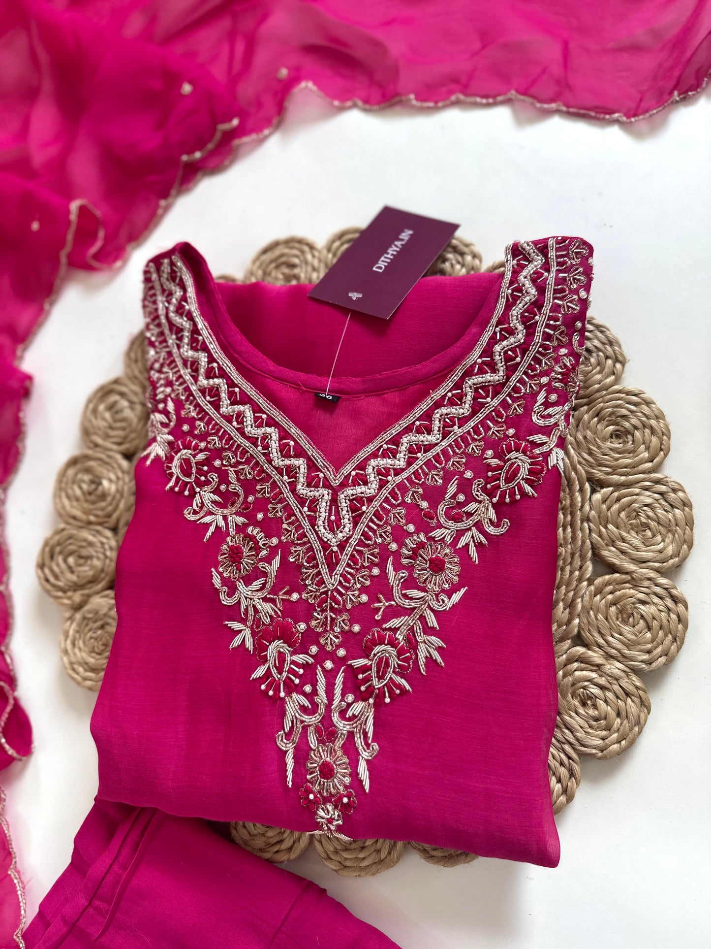 K390-Mul Chanderi Zardosi work Aline Kurti with pants and dupatta.