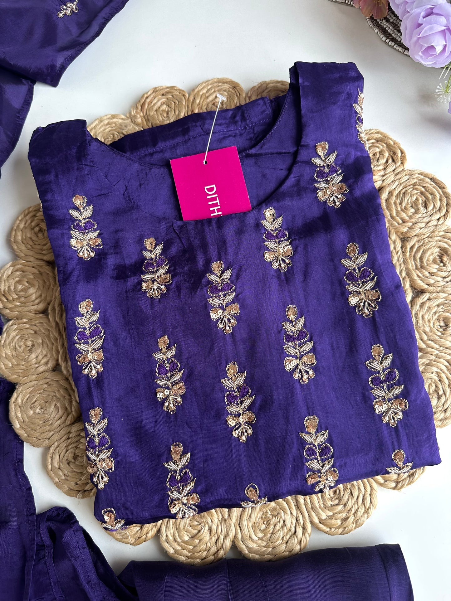 K288 - Russian silk handwork straight Kurti with pants and dupatta