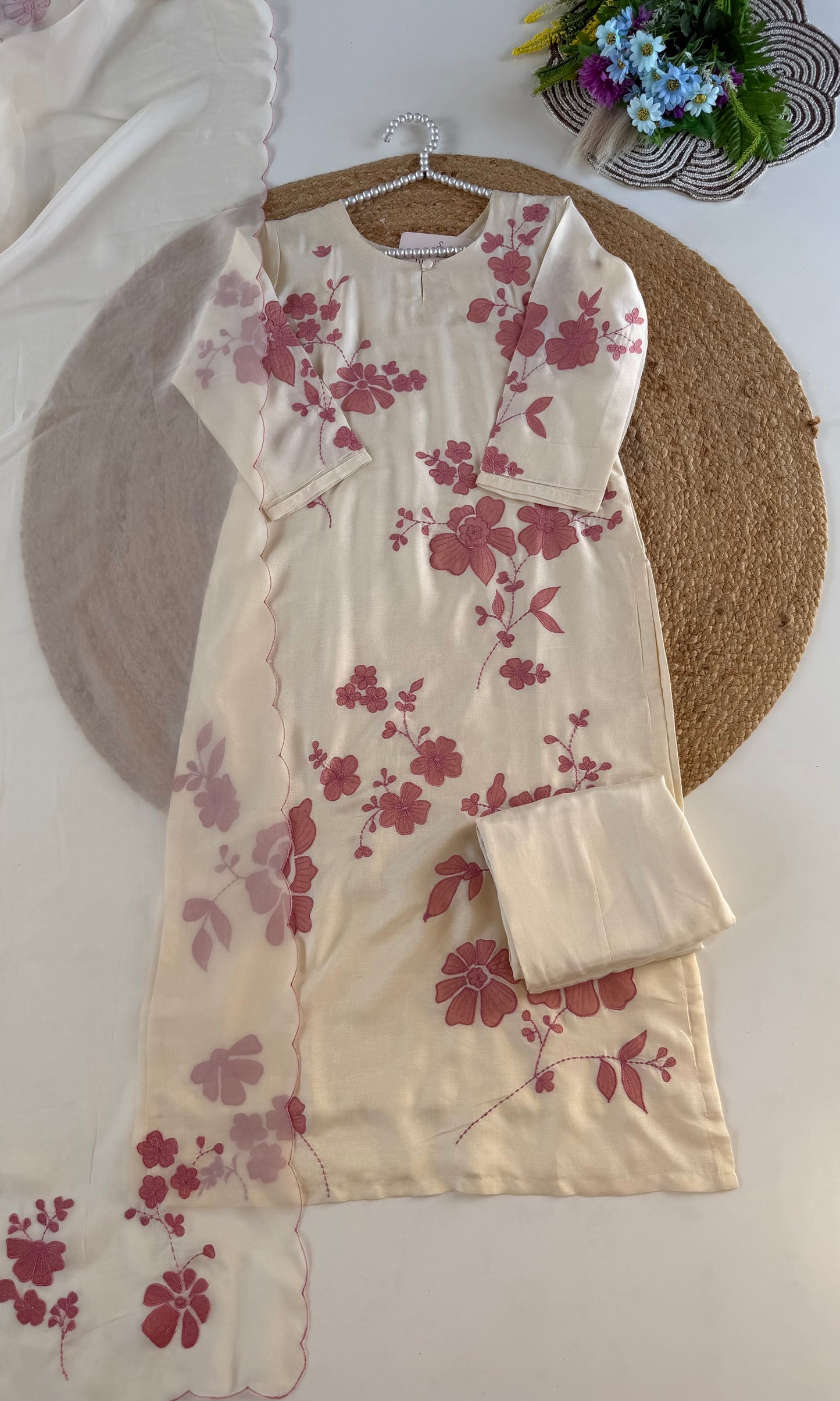 K603 - Russian silk appliqué work straight Kurti with pants and dupatta