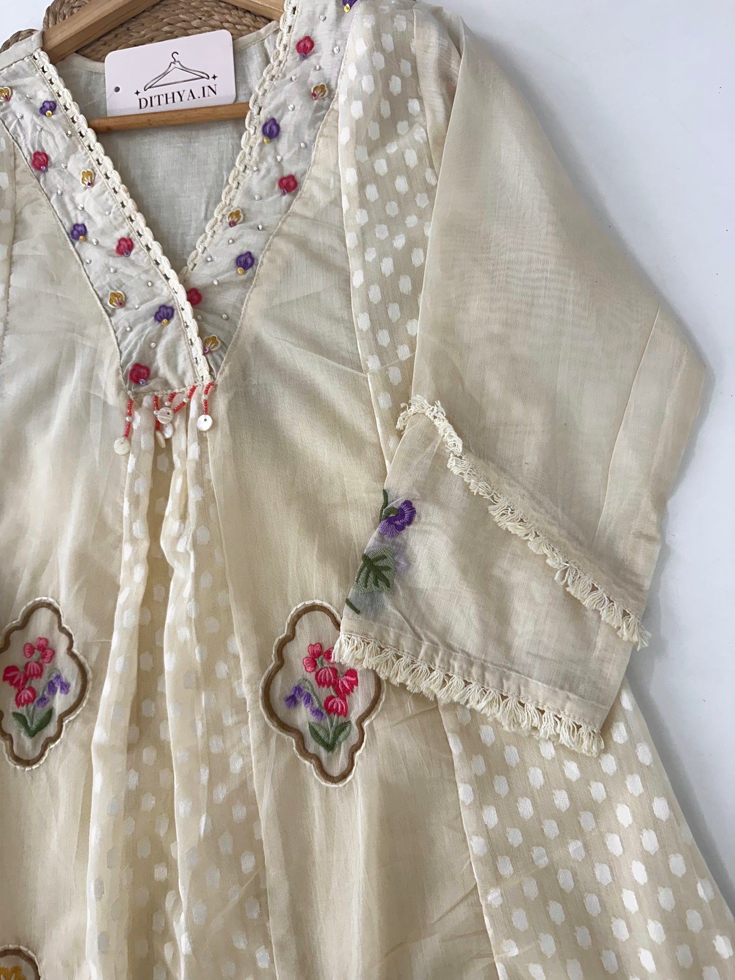 K380 - Mul chanderi embroidered Anarkali with pants and dupatta
