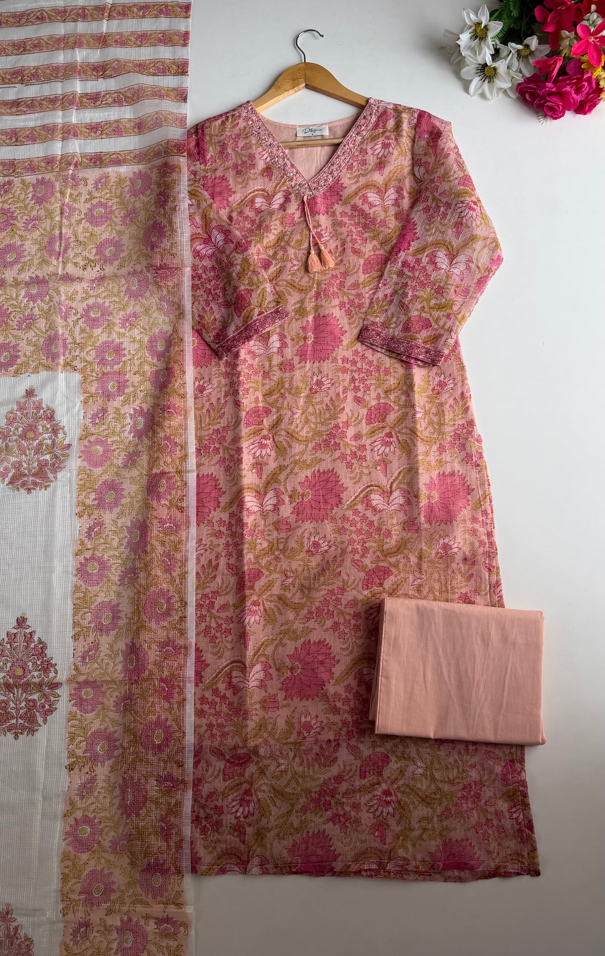 K296-Kota doriya embroidered straight Kurti with pants and dupatta