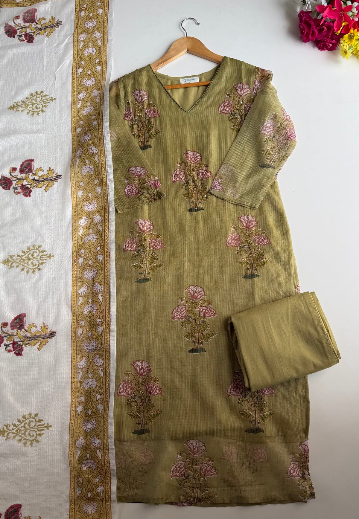 K601-Kota doriya embroidered straight Kurti with pants and dupatta