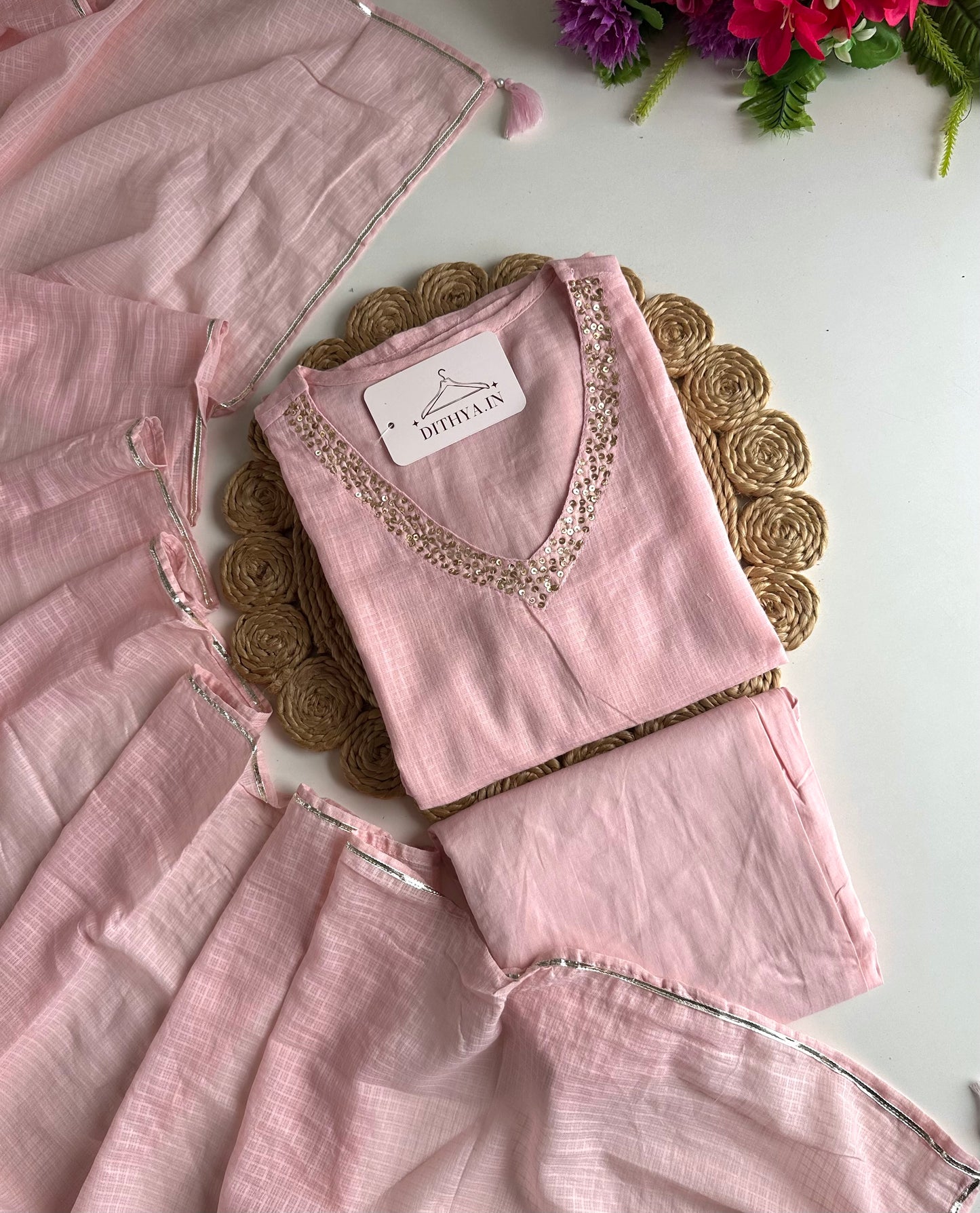 K697 - Kota doriya embroidered straight Kurti with pants and dupatta